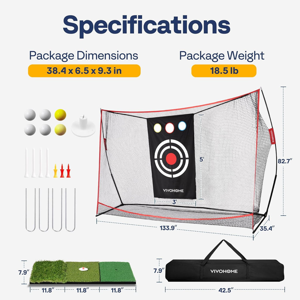 SPECSTAR 10 x 7ft Golf Net for Hitting, Chipping, Driving Training, Heavy Duty Golf Practice Net for Indoor, Backyard, Garage, with Golf Mat, Target Cloth, 8 Golf Tees, 6 Golf Balls, Carry Bag