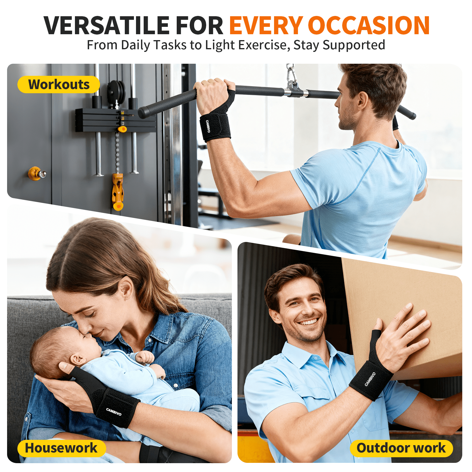 CAMBIVO Wrist Brace, Stabilizing Adjustable Wrist Support, All-day Wear One Size Fits Most Black 2 Pack