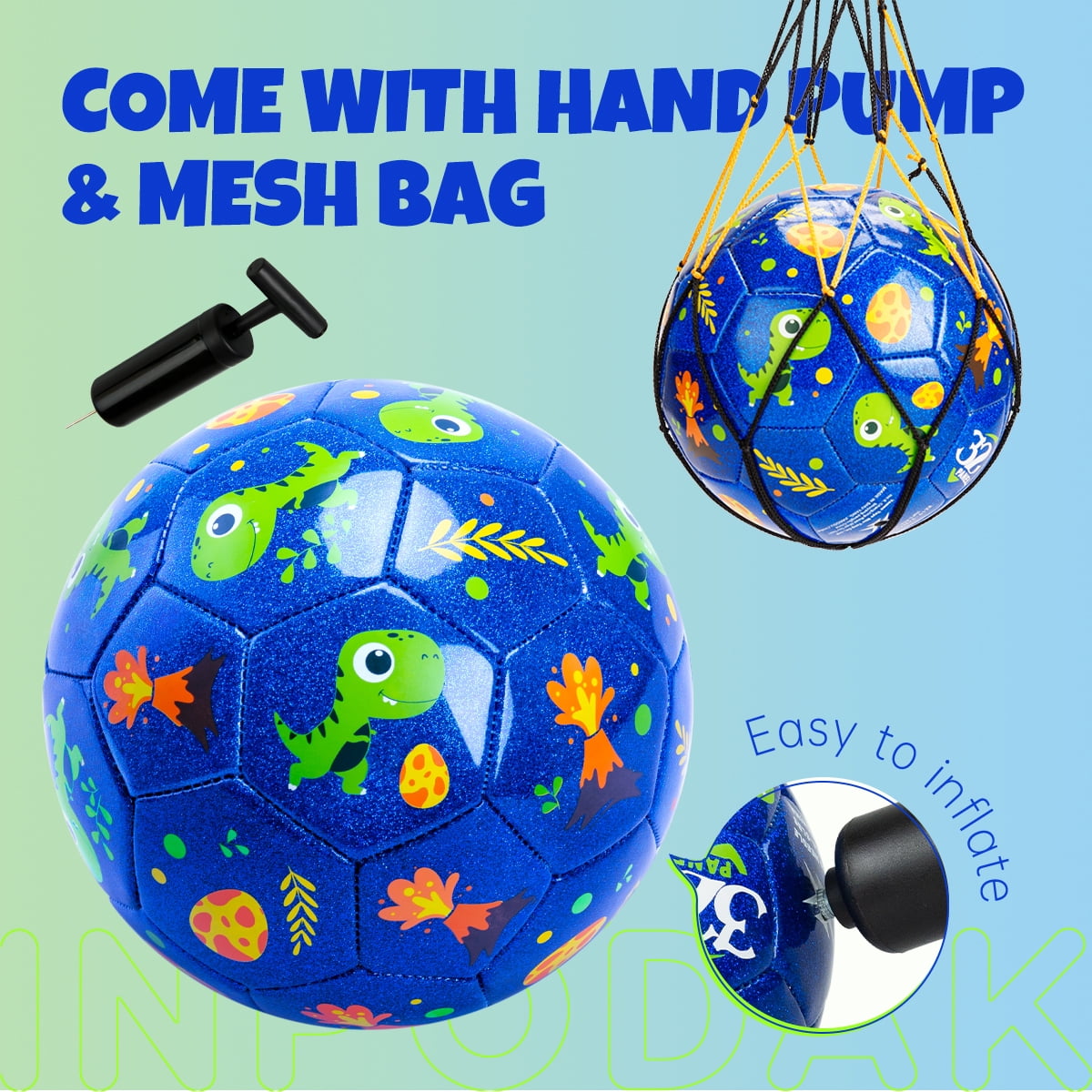 PLAYZAP Toddler Soccer Ball, Size 2 Soccer Ball with Pump, Cartoon Dinosaur Blue Soccer Ball for Kids 2-5, Baby Small Ball for Toddler, Indoor Outdoor Play Toys Gifts for Girls Boys