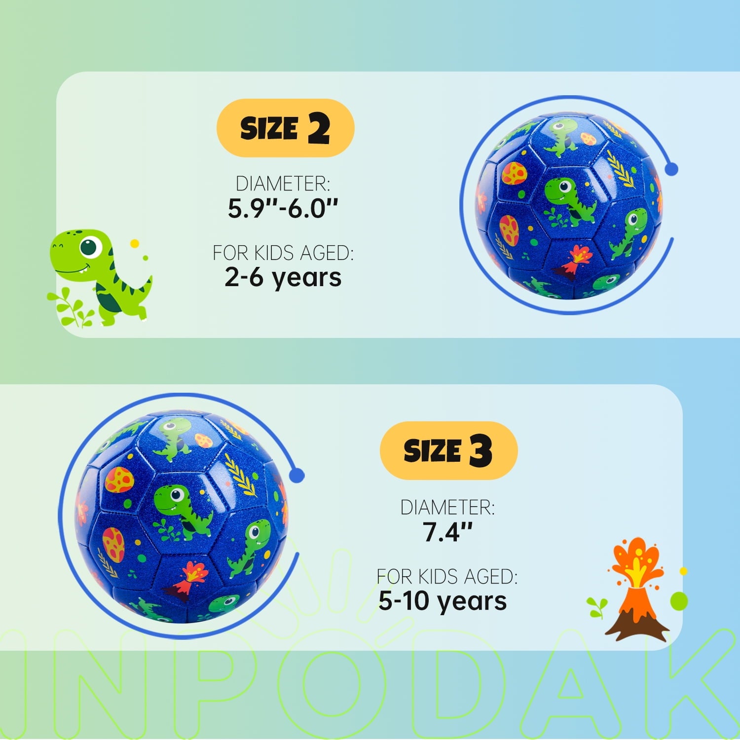 PLAYZAP Toddler Soccer Ball, Size 2 Soccer Ball with Pump, Cartoon Dinosaur Blue Soccer Ball for Kids 2-5, Baby Small Ball for Toddler, Indoor Outdoor Play Toys Gifts for Girls Boys