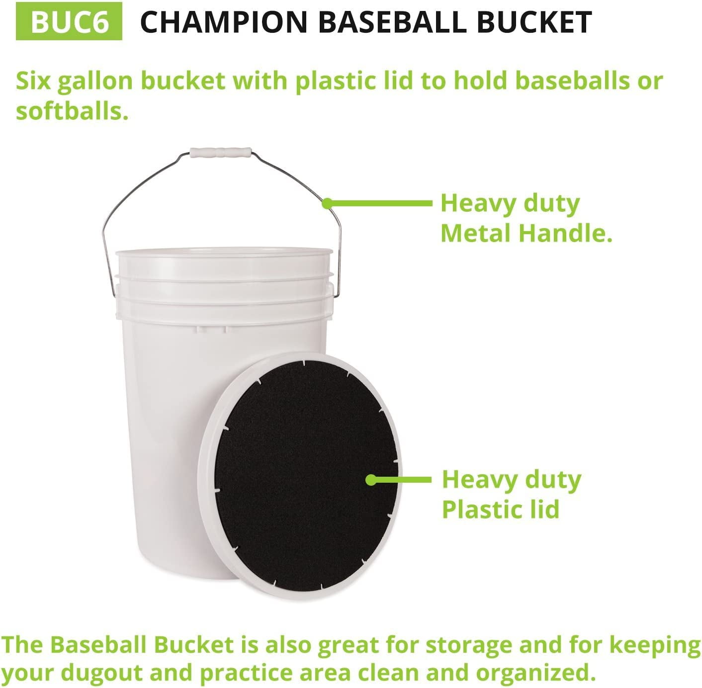 Champion Sports 6 Gallon Bucket with Padded Soft Seat Lid - Durable Construction - Balls Not Included - Ideal for Baseball, Softball, T-Ball, Wiffle Ball, and Lacrosse