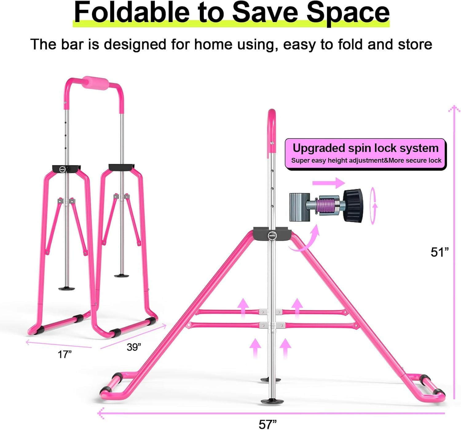 Safly Fun Gymnastics Bar with Mat for Kids, Height Adjustable Junior Training Bar Mat for Home, Folding Gymnastic Horizontal Bars Equipment (Pink+Mat)