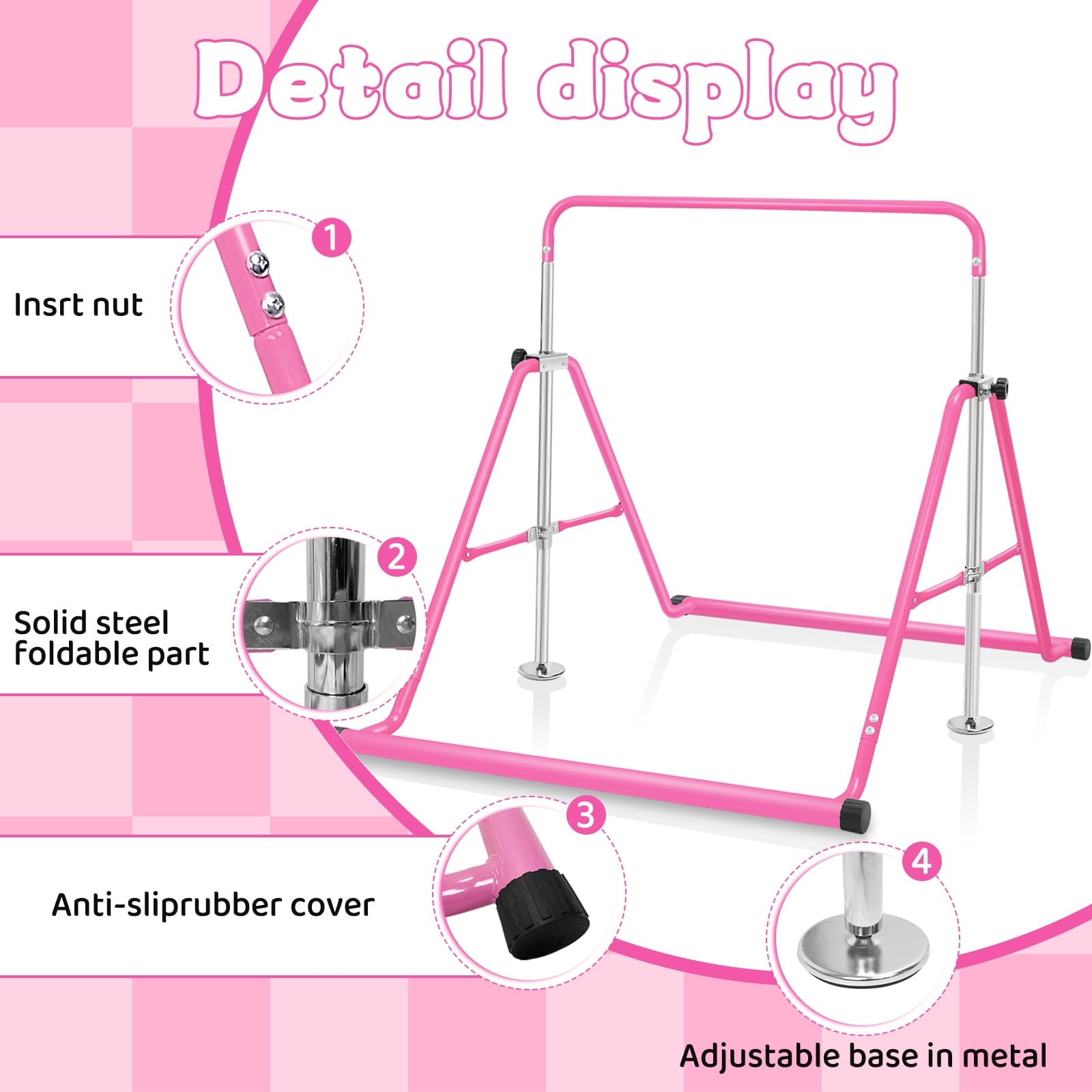 Primy 150lbs Gymnastics Bar for Kids, Height Adjustable Horizontal Bar, Folding Gymnastics Junior Training Bar for Home Gymnastics Equipment, 4-10 Years Old Kids
