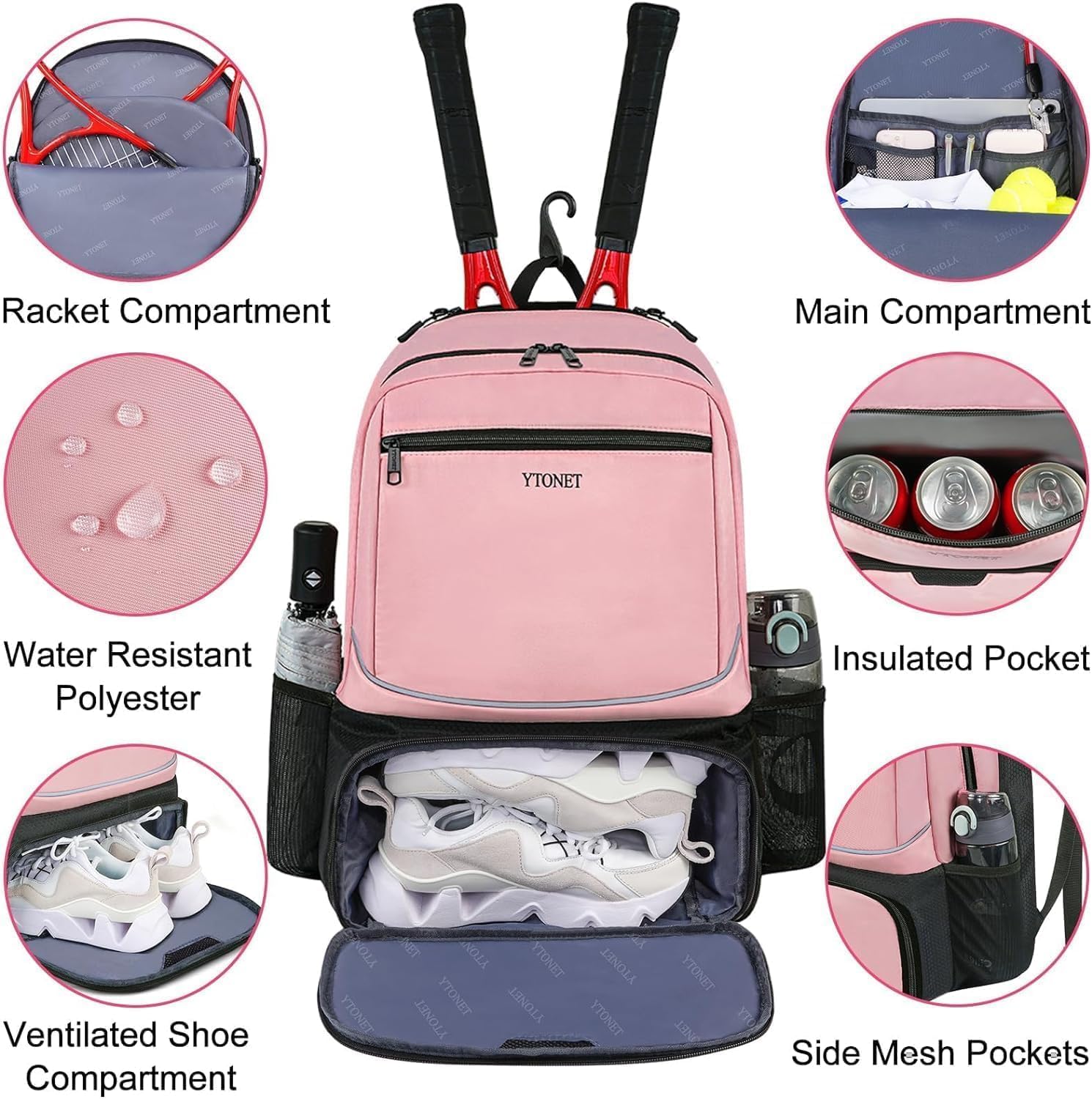 Ytonet Tennis Backpack Pickleball Bag with Insulated Pocket and Shoe Compartment for Women, Pink