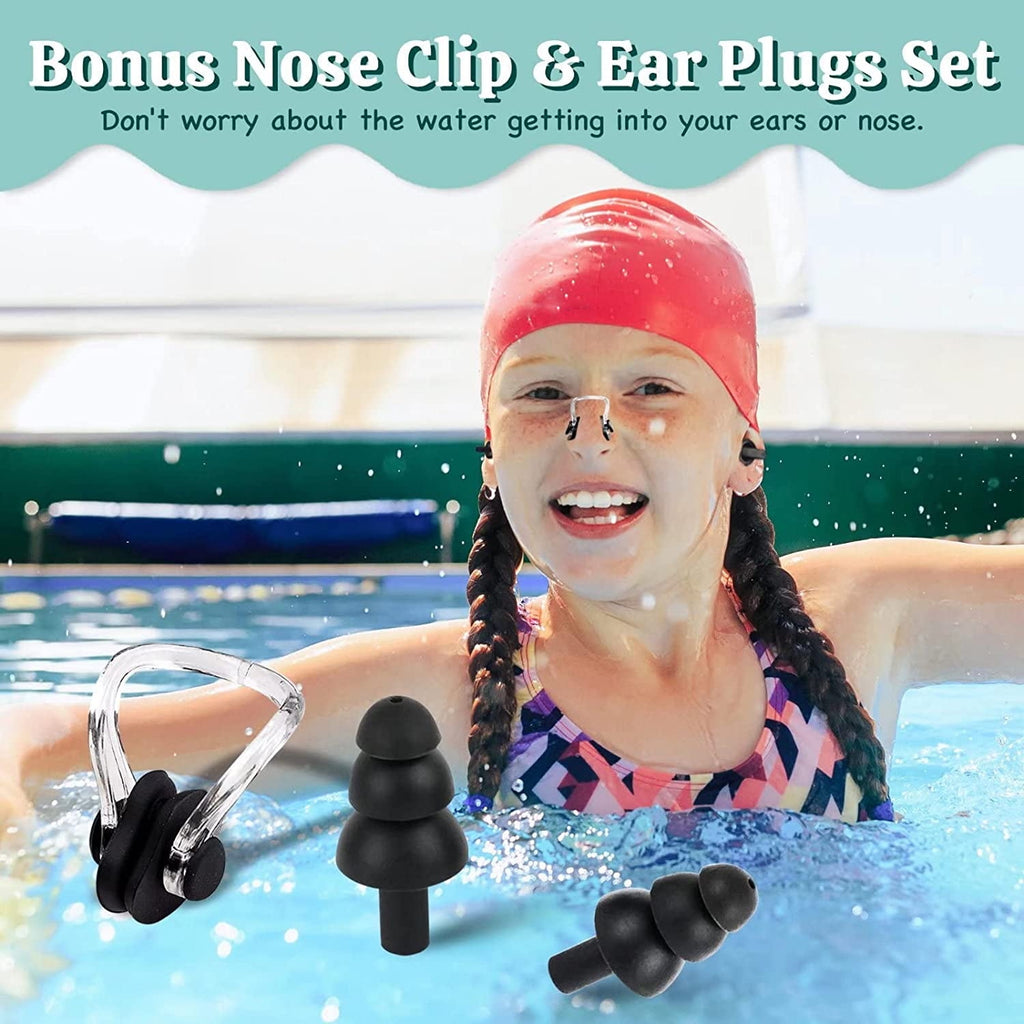 Skywee 2 Pack Kids Swim Caps for Boys Girls Durable Silicone Swimming Cap for Children Waterproof Shower Cap Bathing Hats with Ear Plugs & Nose Clip