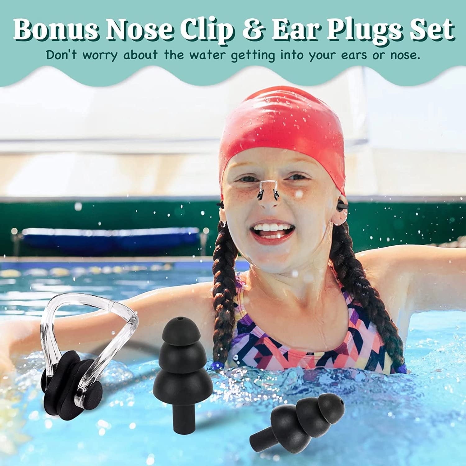 Skywee 2 Pack Kids Swim Caps for Boys Girls Durable Silicone Swimming Cap for Children Waterproof Shower Cap Bathing Hats with Ear Plugs & Nose Clip
