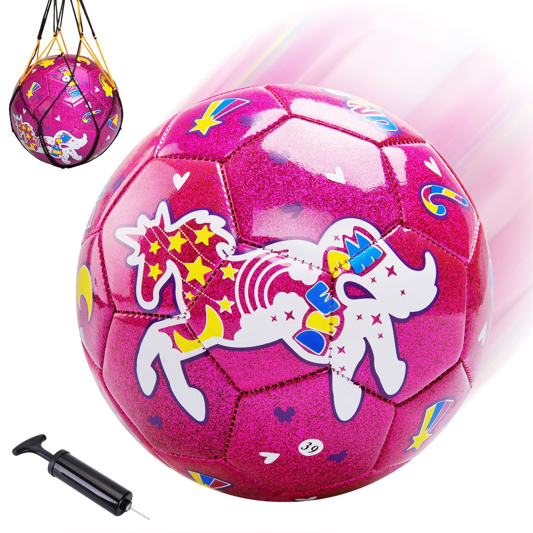 PLAYZAP Size 3 Soccer Ball with Pump, Toddler Soccer Ball for Kids 3-8 Years Old - Indoor Outdoor Sports Ball Toys Girls Boys - Purple Unicorn