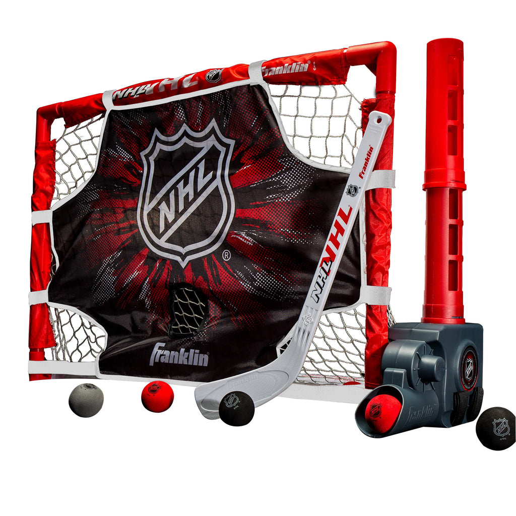 Franklin Sports Knee Hockey Goal Set - Mini Hockey Stick Set - Automatic Ball Passer, Goal & Target Set