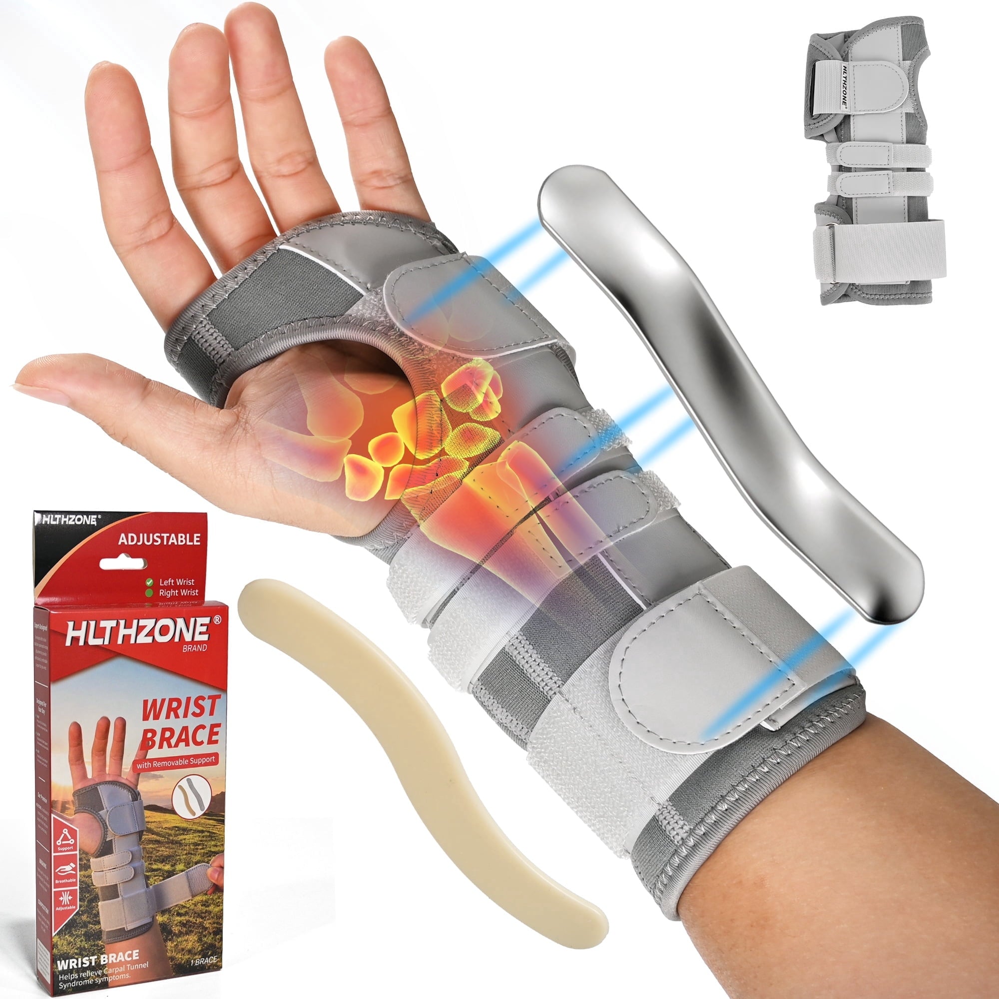 HLTHZONE Carpal Tunnel Wrist Brace for Work With Wrist Splint, Adjustable Wrist Stabilizer for Tendonitis & Arthritis, Left Hand For Women Men, All Day Wear - One Size/Gray