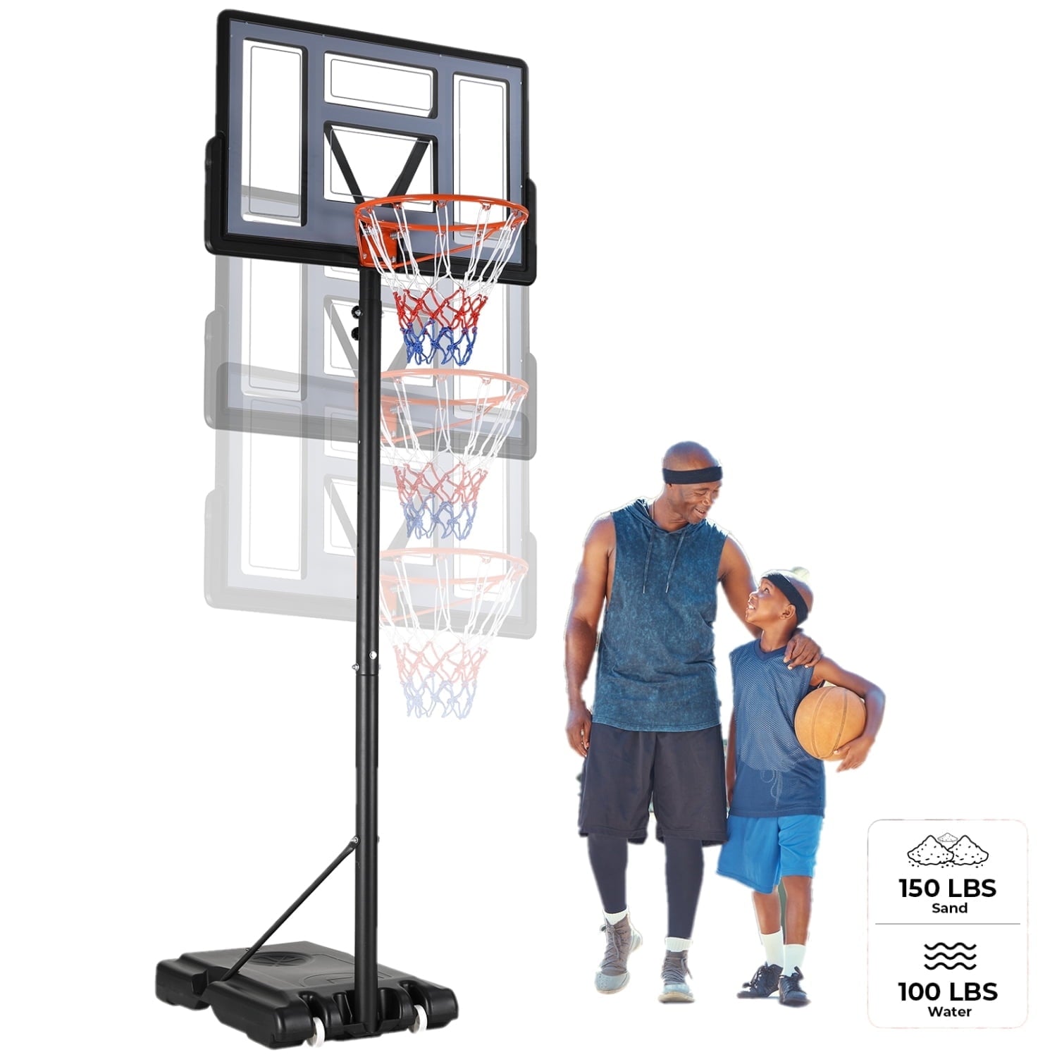 LAZY BUDDY 44in Portable Basketball Hoop Goal Basketball Hoop System Height Adjustable 4.4ft - 10ft,  Indoor Outdoor PVC Backboard