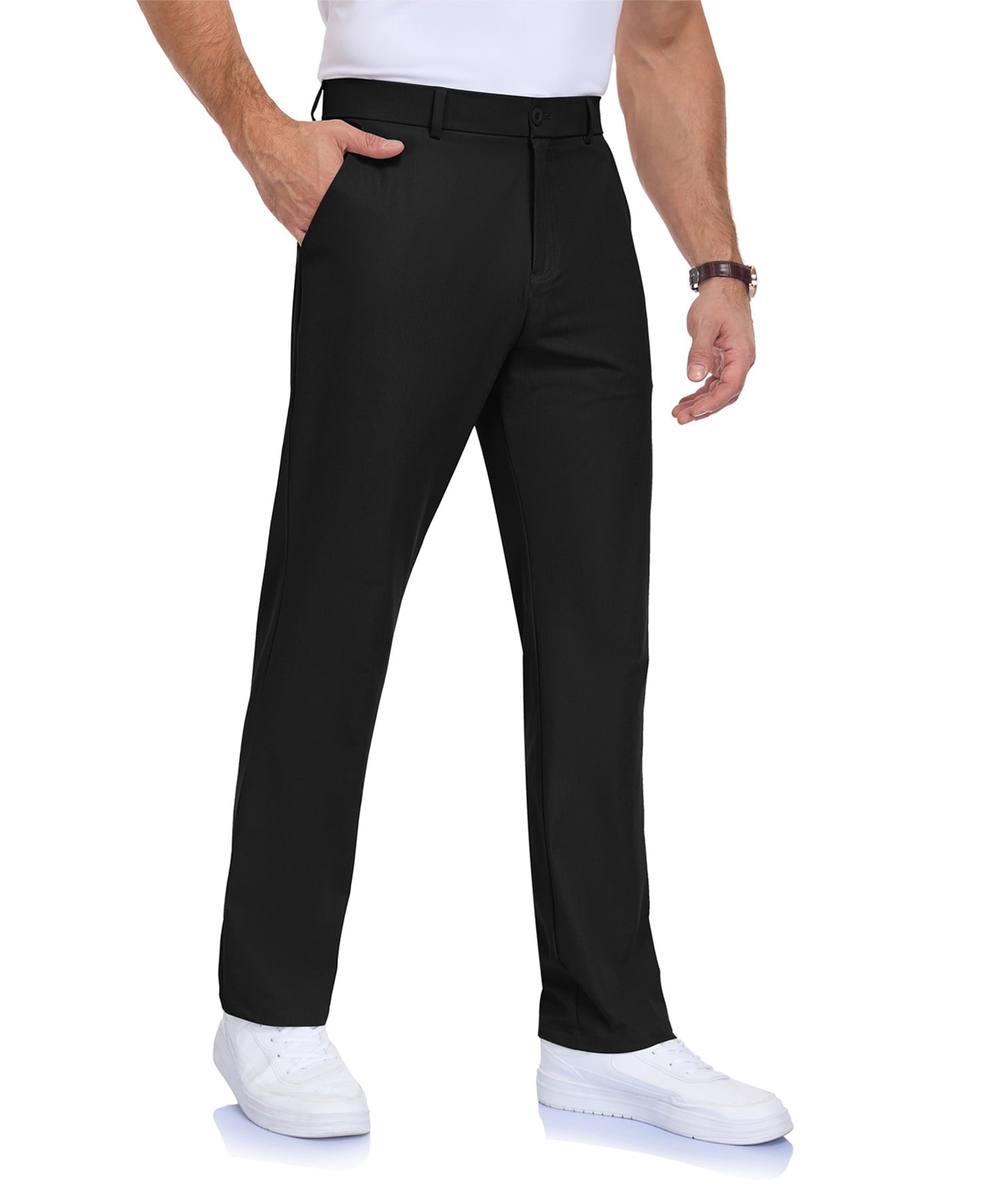 Lavenicole Mens Golf Pants Stretch Casual Dress Pants Elastic Waist Button Closure Lightweight with 4 Pockets Black