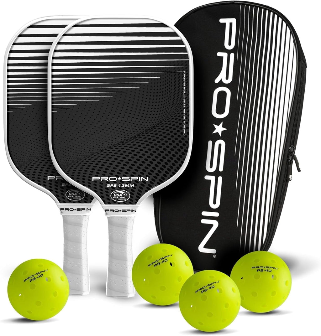 PRO SPIN Pickleball Paddles - Set of 2 USAPA-Approved Graphite Carbon Pickle Ball Paddles (White/White), 4 High-Performance Pickleball Balls, Durable Bag for Rackets & Balls - Great Gift