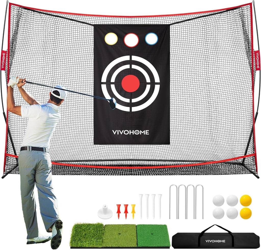 SPECSTAR 10 x 7ft Golf Net for Hitting, Chipping, Driving Training, Heavy Duty Golf Practice Net for Indoor, Backyard, Garage, with Golf Mat, Target Cloth, 8 Golf Tees, 6 Golf Balls, Carry Bag