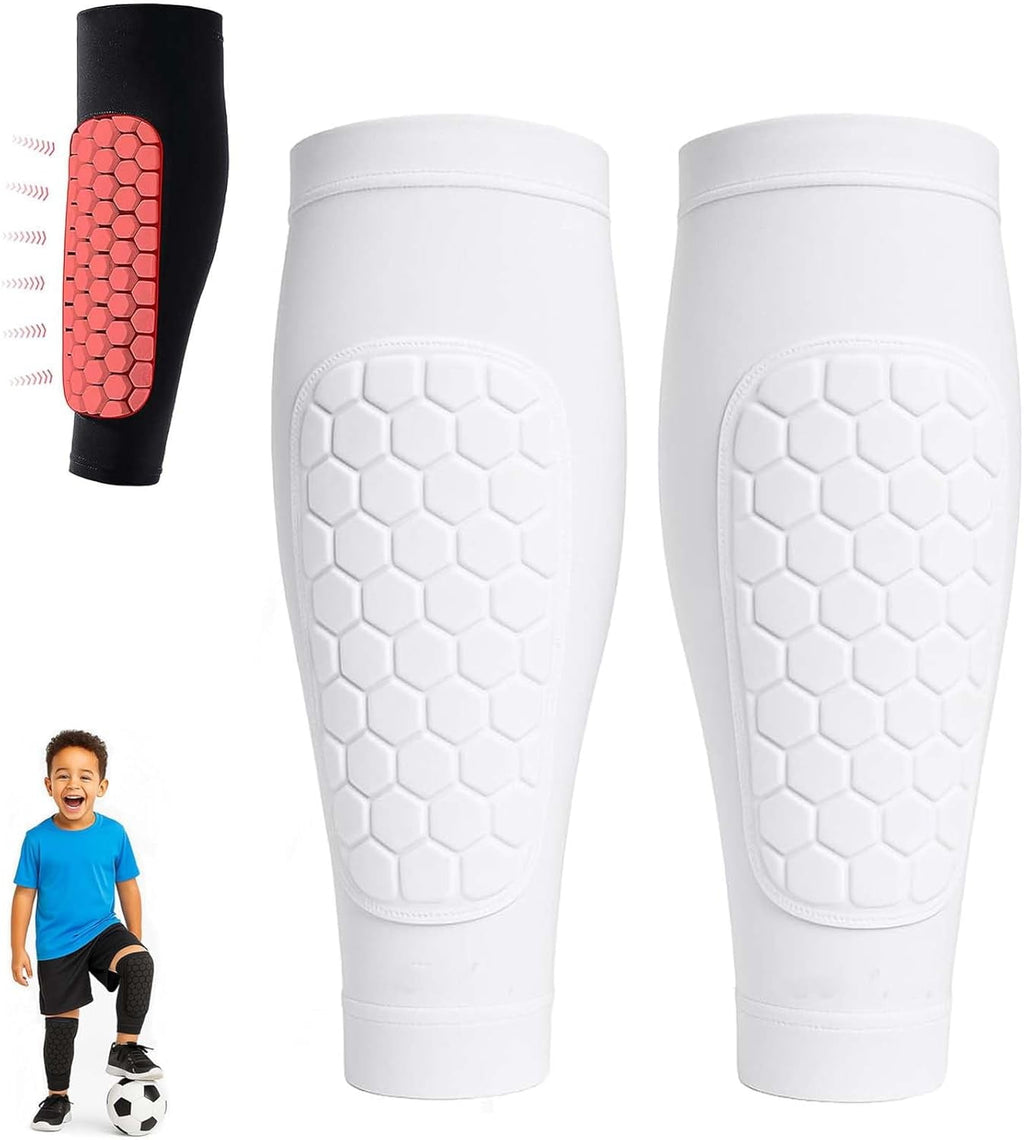 Shin Defender, Shin Guards Kids with Honeycomb Pads, 2 Pack Shindefender Shins Guards Soccer for Ski Youth Adult(White,XL(Adult))