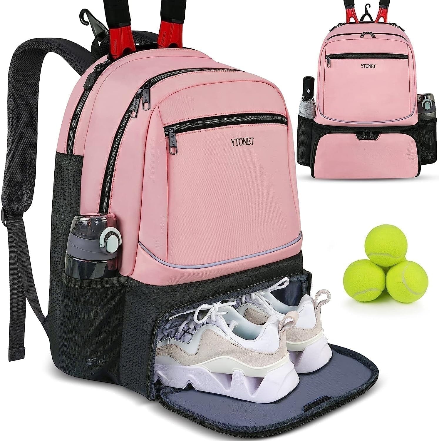 Ytonet Tennis Backpack Pickleball Bag with Insulated Pocket and Shoe Compartment for Women, Pink
