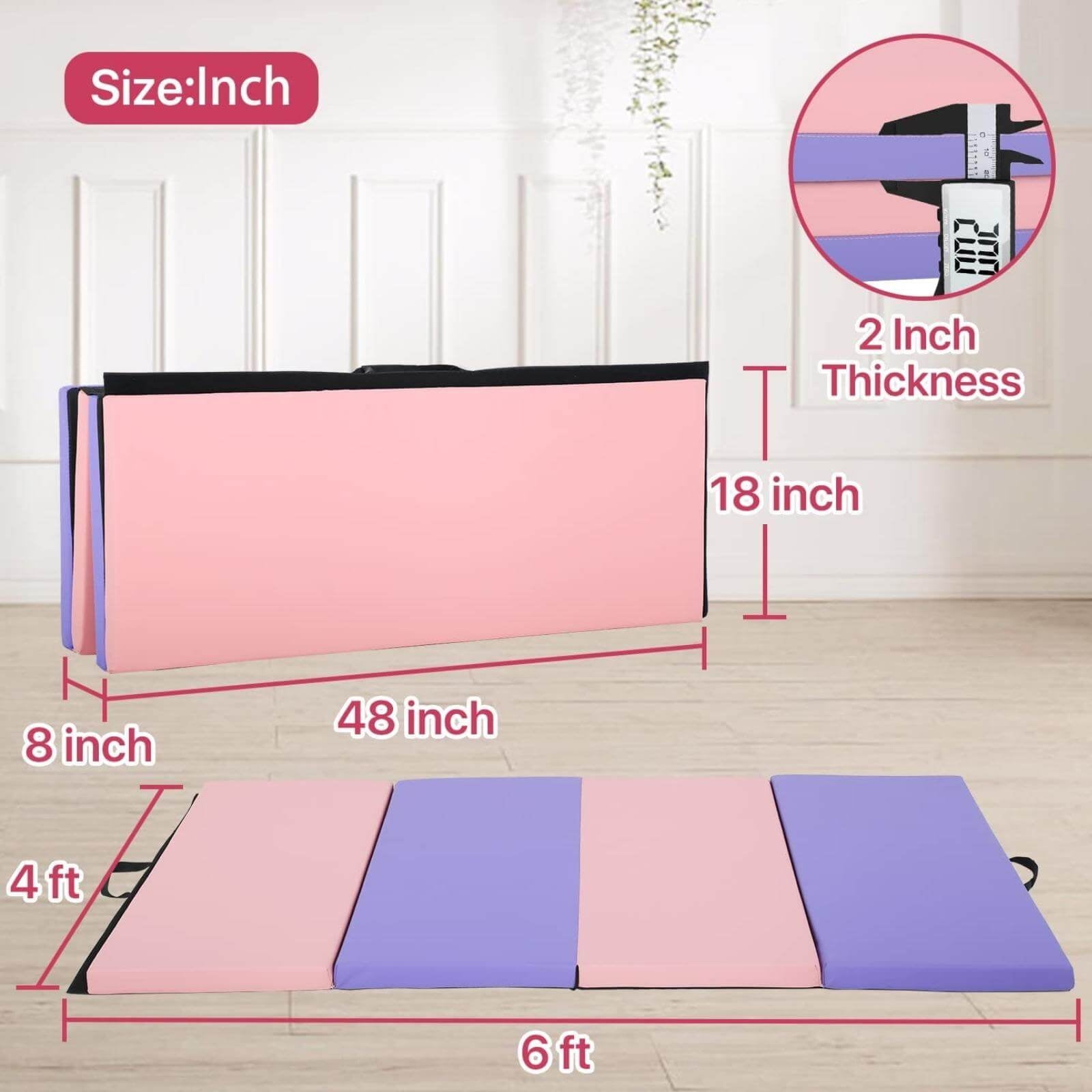 Gymnastics Mat 6x4x2 Folding Tumbling Mat 2” Thick Portable PU Leather Gym Mat with Carrying Handles for Kids Adults, 4-Folding, Mix Color