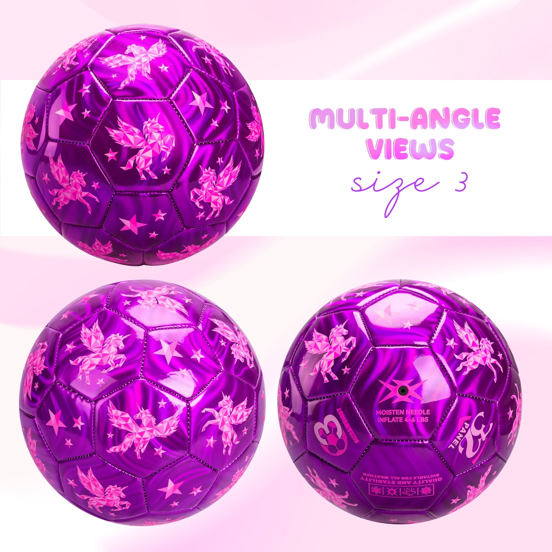 PLAYZAP Size 3 Soccer Ball with Pump, Toddler Soccer Ball for Kids 3-8 Years Old - Indoor Outdoor Sports Ball Toys Girls Boys - Purple Unicorn