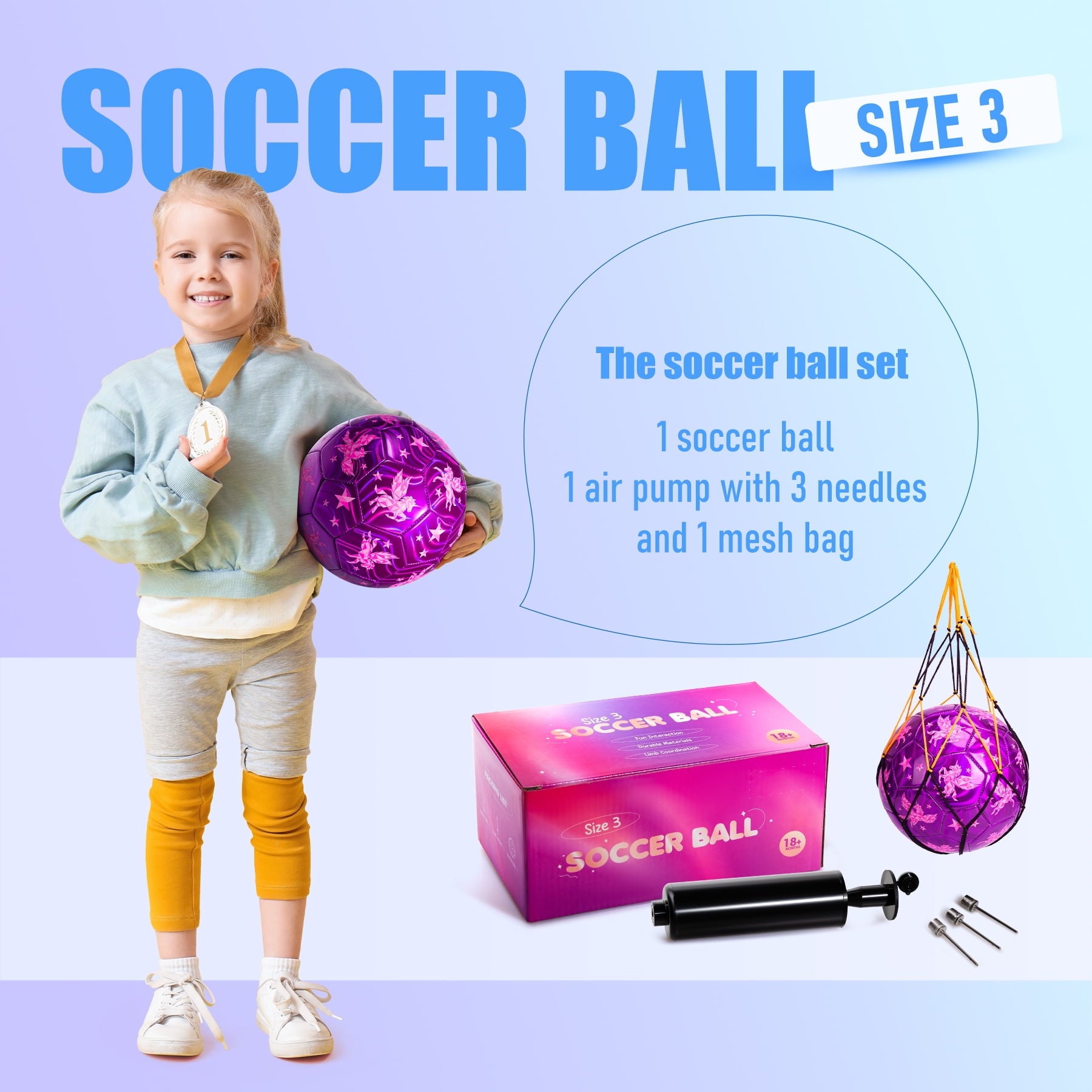PLAYZAP Size 3 Soccer Ball with Pump, Toddler Soccer Ball for Kids 3-8 Years Old - Indoor Outdoor Sports Ball Toys Girls Boys - Purple Unicorn
