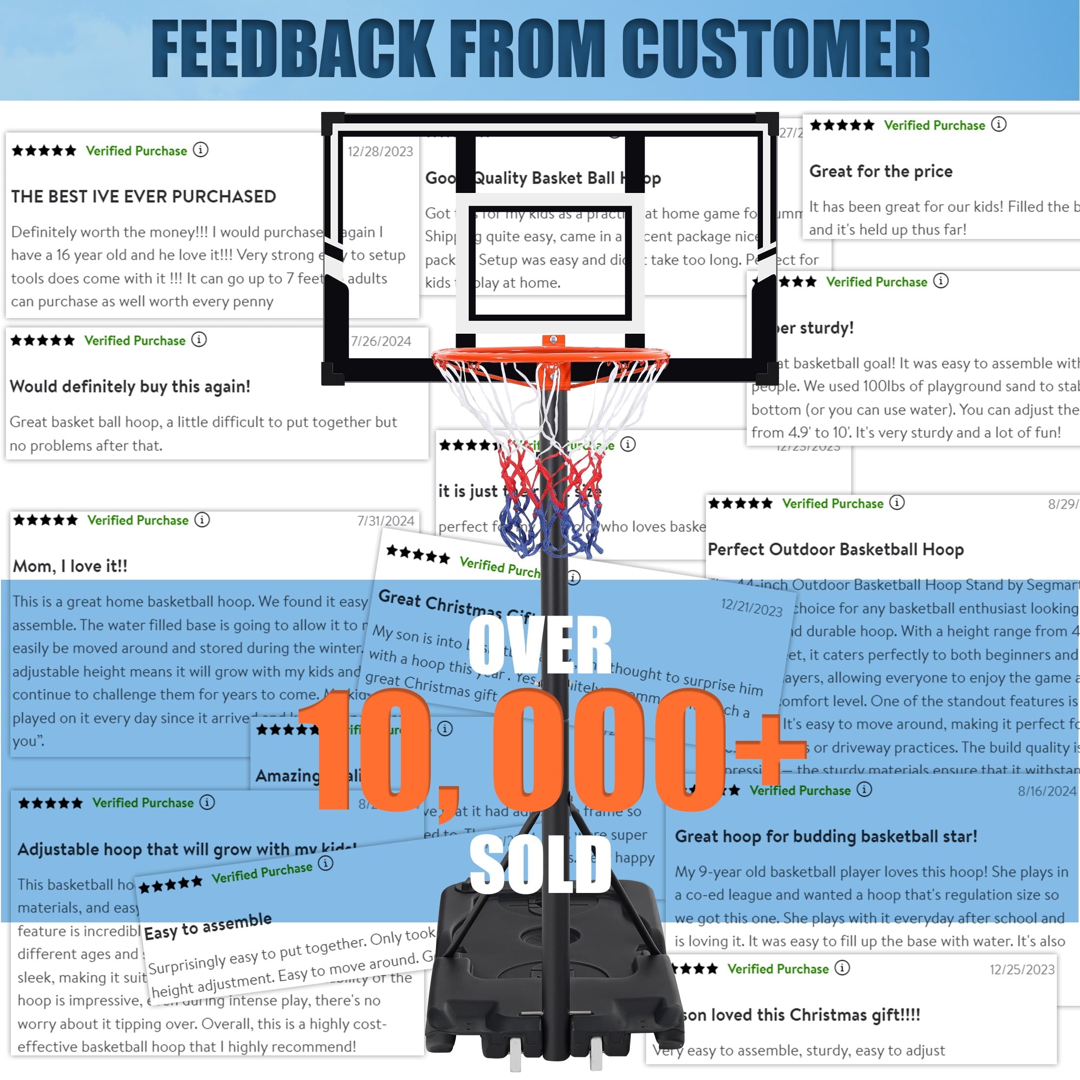 Portable Basketball Hoop Outdoor, SEGMART 3.3Ft-10Ft Height Adjustable Swimming Pool Basketball Hoop Goal System with PE Backboard for Kids Youth Adults Play in Backyard/Courts/Indoor