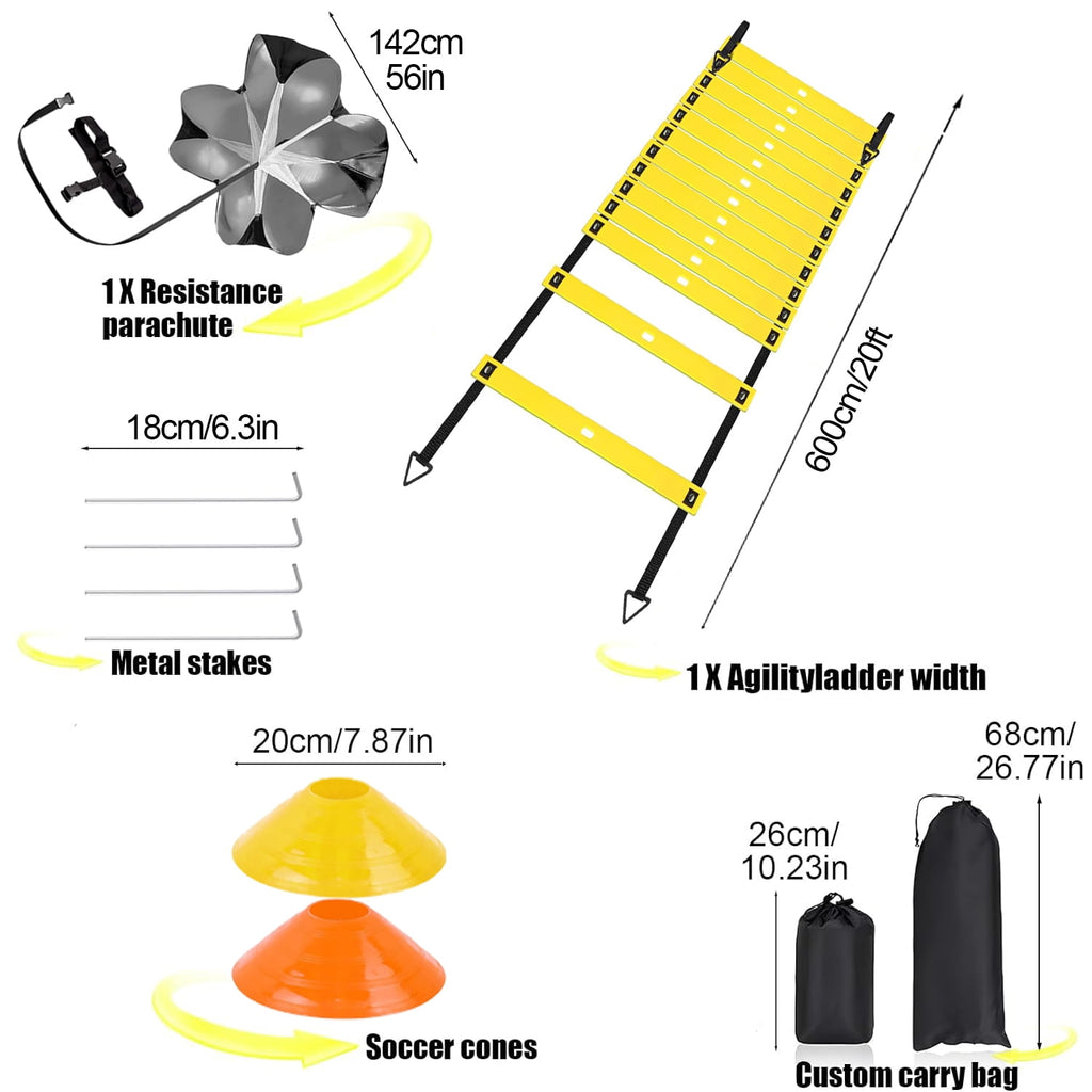 Speed Agility Training Kit-Includes 12 Rung 20ft Adjustable Agility Ladder with Carrying Bag, 12 Disc Cones, 4 Steel Stakes, 1 Resistance Parachute,Footwork Skills Drill Gear for Football and Soccer