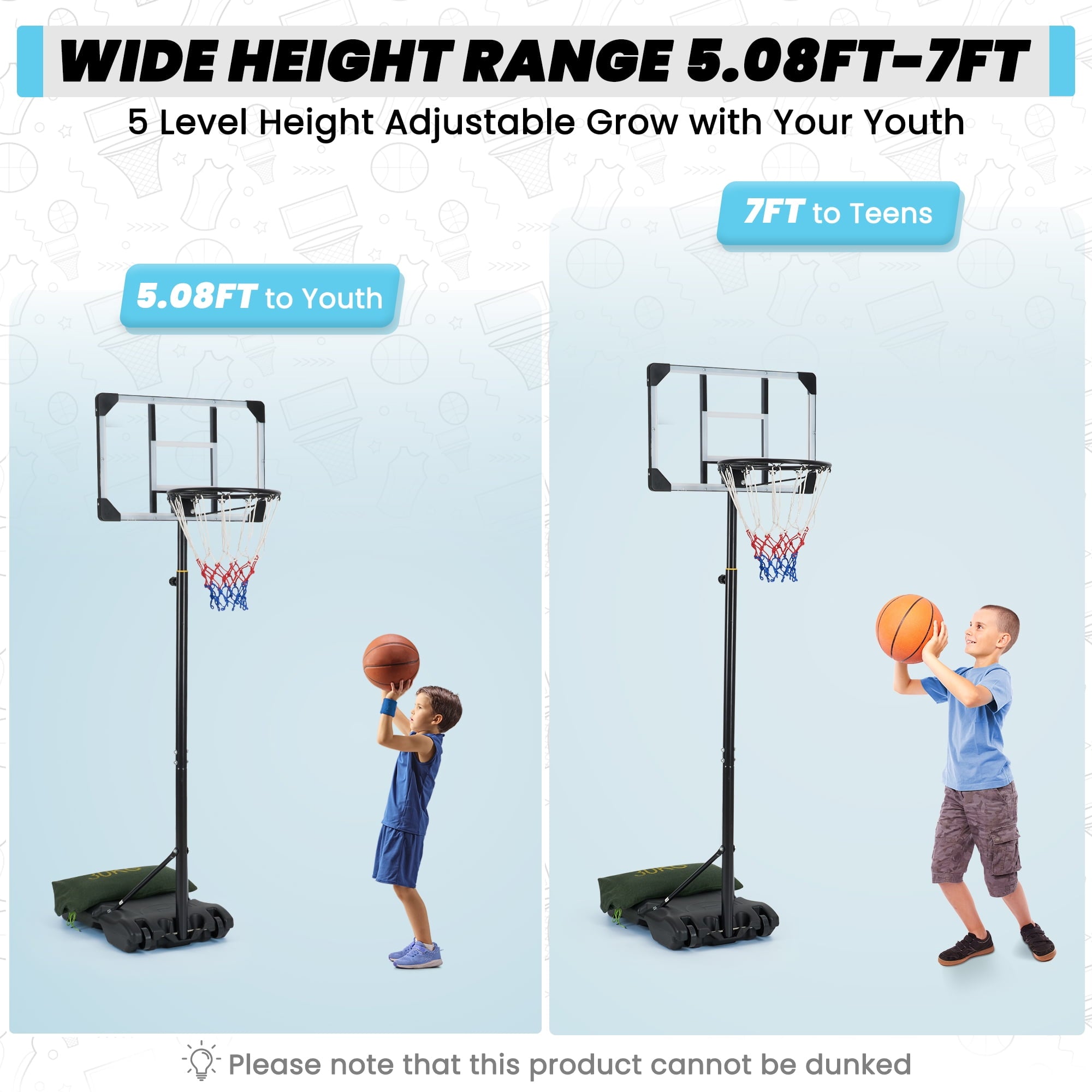 Naipo 28in Basketball Hoop Basketball Goal System Height Adjustable 5.1ft to 7ft Court for All Age Ranges Indoor Outdoor Use