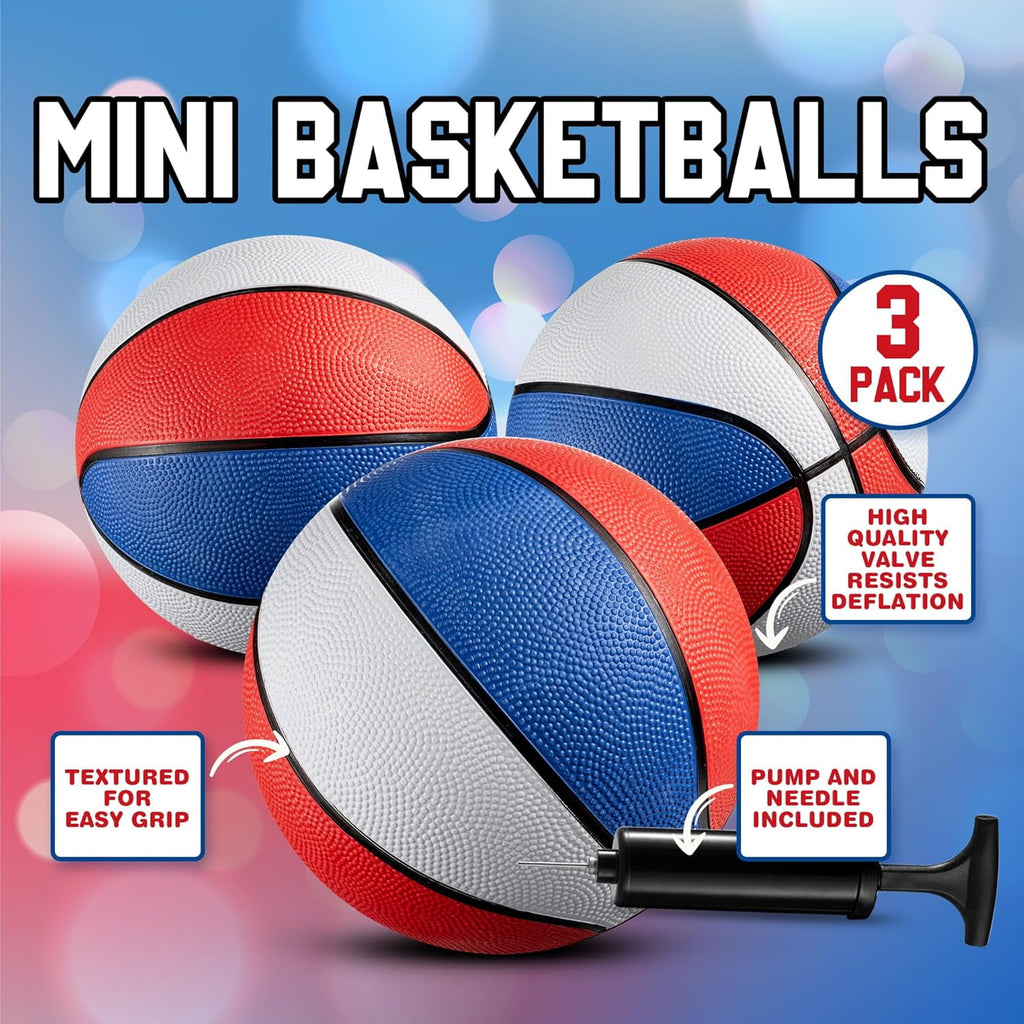 3-Pack Rubber Mini Basketballs 7-Inch with Pump, For Mini Hoops & Pool & Arcade Game Basketballs, – Indoor/Outdoor, Kids & Toddlers