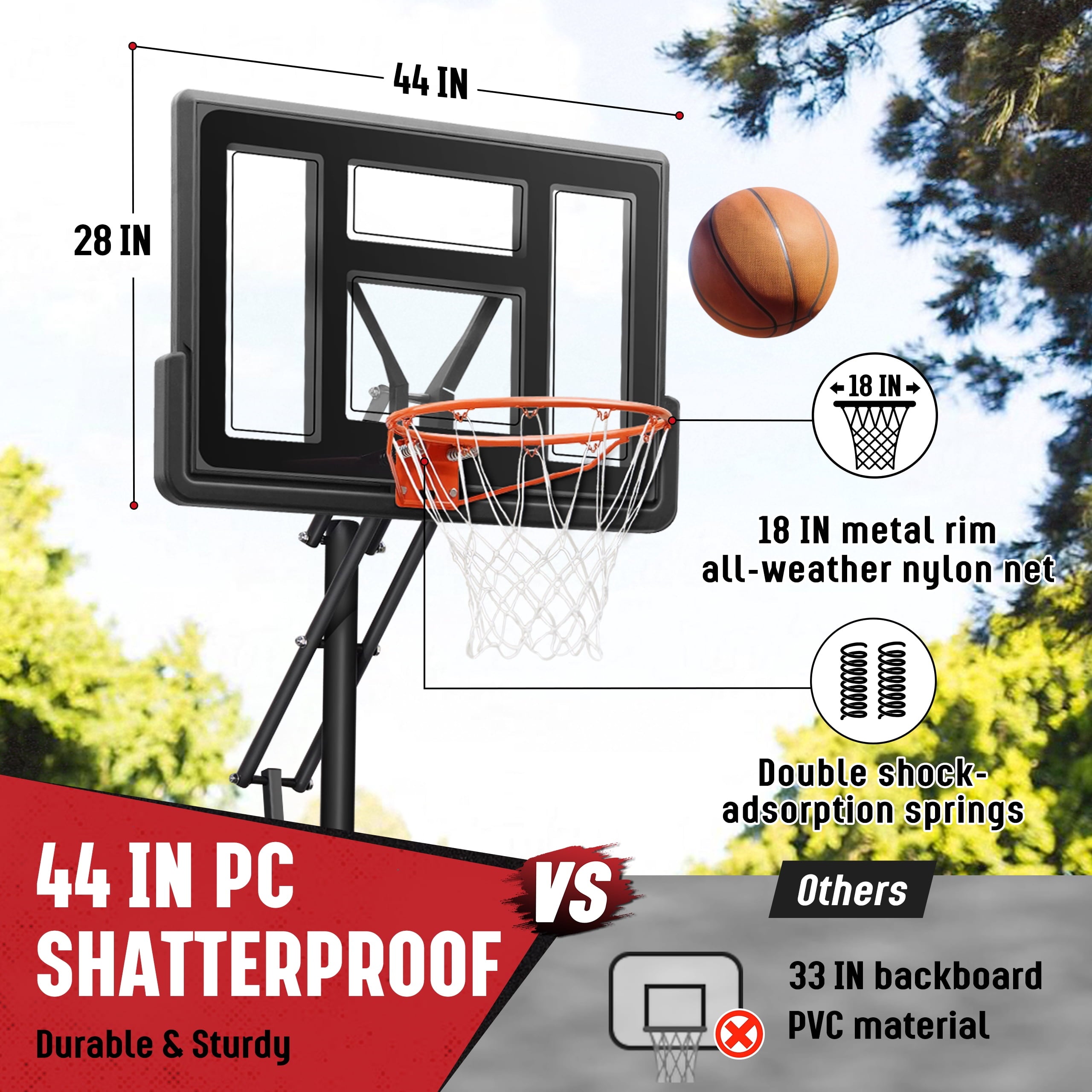 SERAY Basketball Hoop 4.9-10 feet Height Adjustable for Kids, Teens & Adults, 44 inch Backboard and Portable Wheels, Basketball Goal System for Outdoor/Indoor Sports