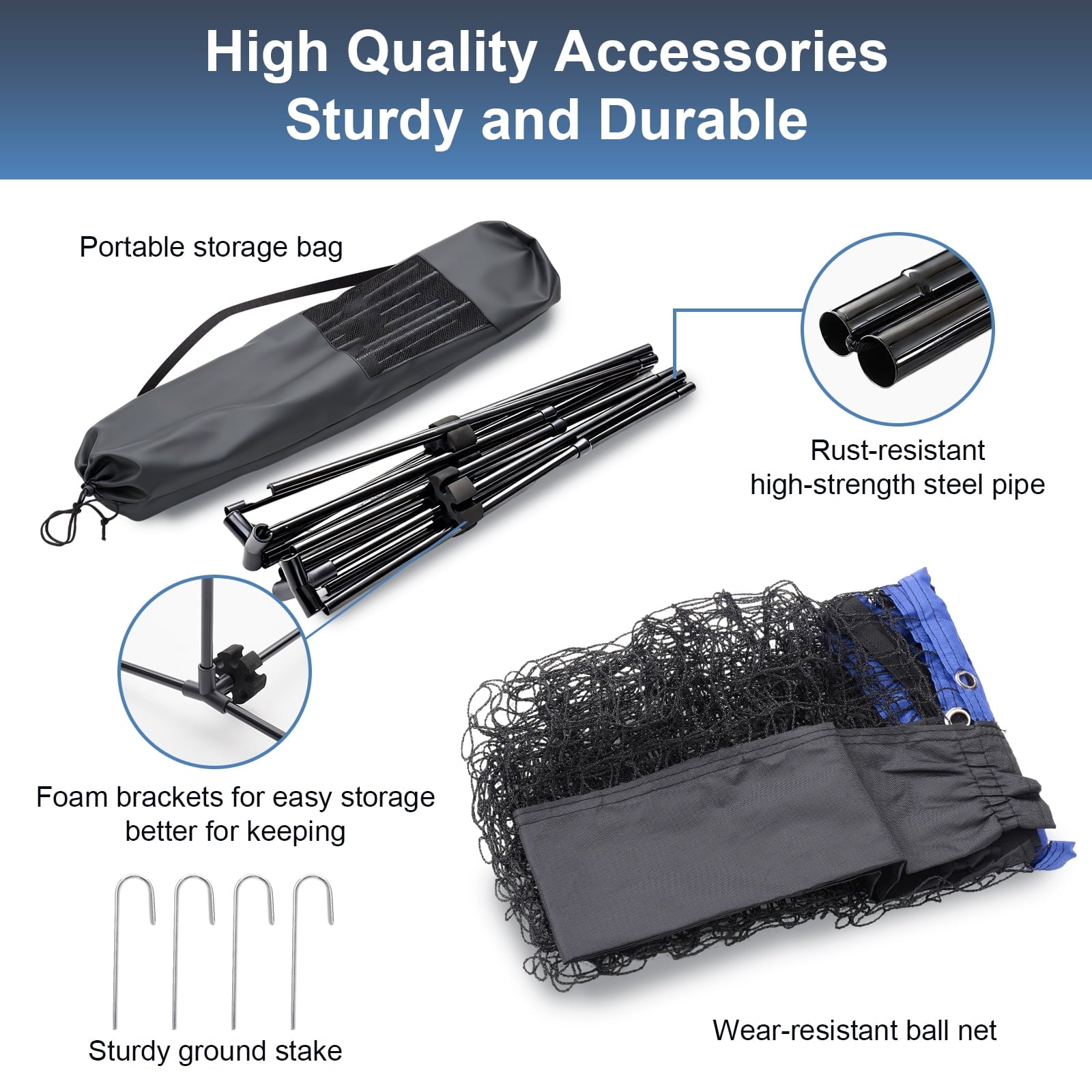 SHOUFTW Nylon Height Adjustable Volleyball Net, Badminton Net with Carry Bag, Volleyball Net for Pool, Backyard Game Indoor Outdoor Use, Blue-black