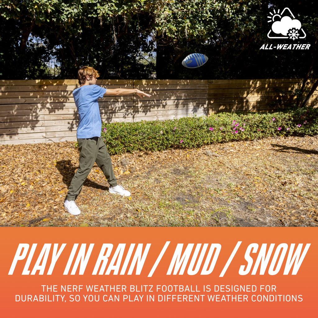 NERF Weather Blitz Kids Foam Football - Youth Weatherproof Soft Foam Ball - Indoor + Outdoor Football for Kids - Small Junior NERF Foam Football - 9" Inch Youth Sized Football - Blue