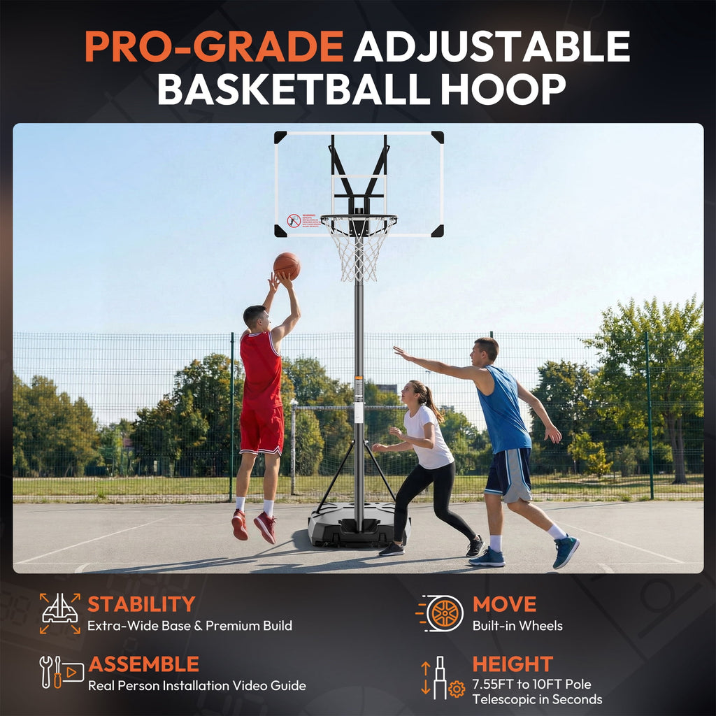 GASKY 44in Portable Basketball Hoop 7.55ft to 10ft Height Adjustable Basketball Goal with Large Backboard Base and Wheels for Youth Adults Outdoor