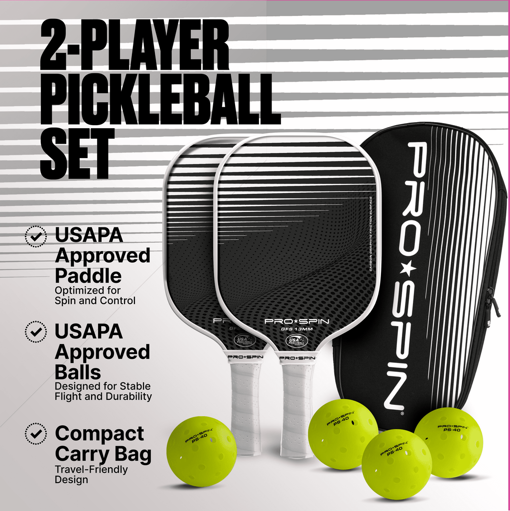PRO SPIN Pickleball Paddles - Set of 2 USAPA-Approved Graphite Carbon Pickle Ball Paddles (White/White), 4 High-Performance Pickleball Balls, Durable Bag for Rackets & Balls - Great Gift