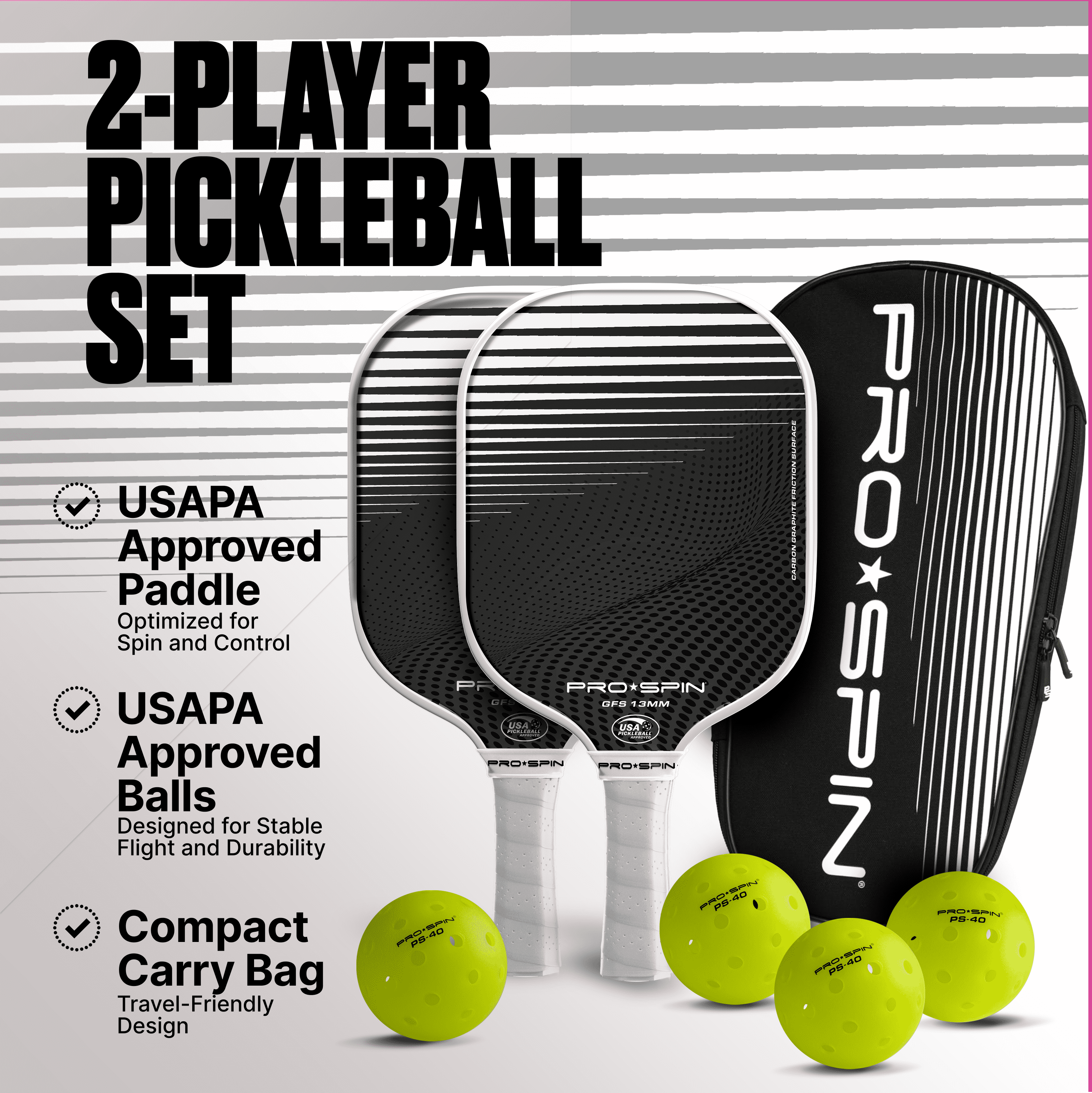 PRO SPIN Pickleball Paddles - Set of 2 USAPA-Approved Graphite Carbon Pickle Ball Paddles (White/White), 4 High-Performance Pickleball Balls, Durable Bag for Rackets & Balls - Great Gift