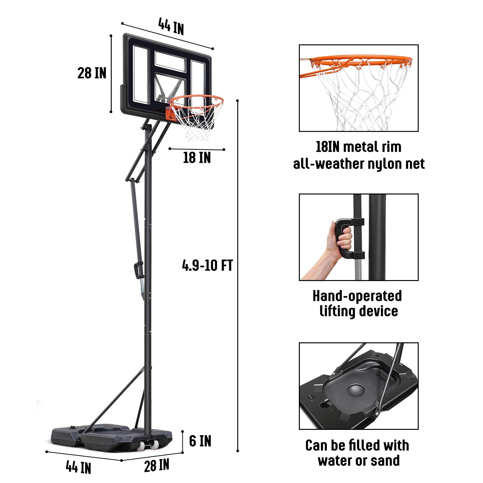 SERAY Basketball Hoop 4.9-10 feet Height Adjustable for Kids, Teens & Adults, 44 inch Backboard and Portable Wheels, Basketball Goal System for Outdoor/Indoor Sports