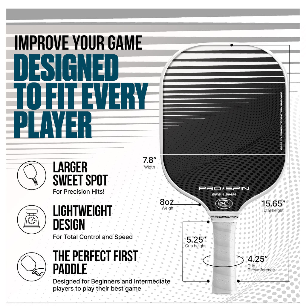 PRO SPIN Pickleball Paddles - Set of 2 USAPA-Approved Graphite Carbon Pickle Ball Paddles (White/White), 4 High-Performance Pickleball Balls, Durable Bag for Rackets & Balls - Great Gift