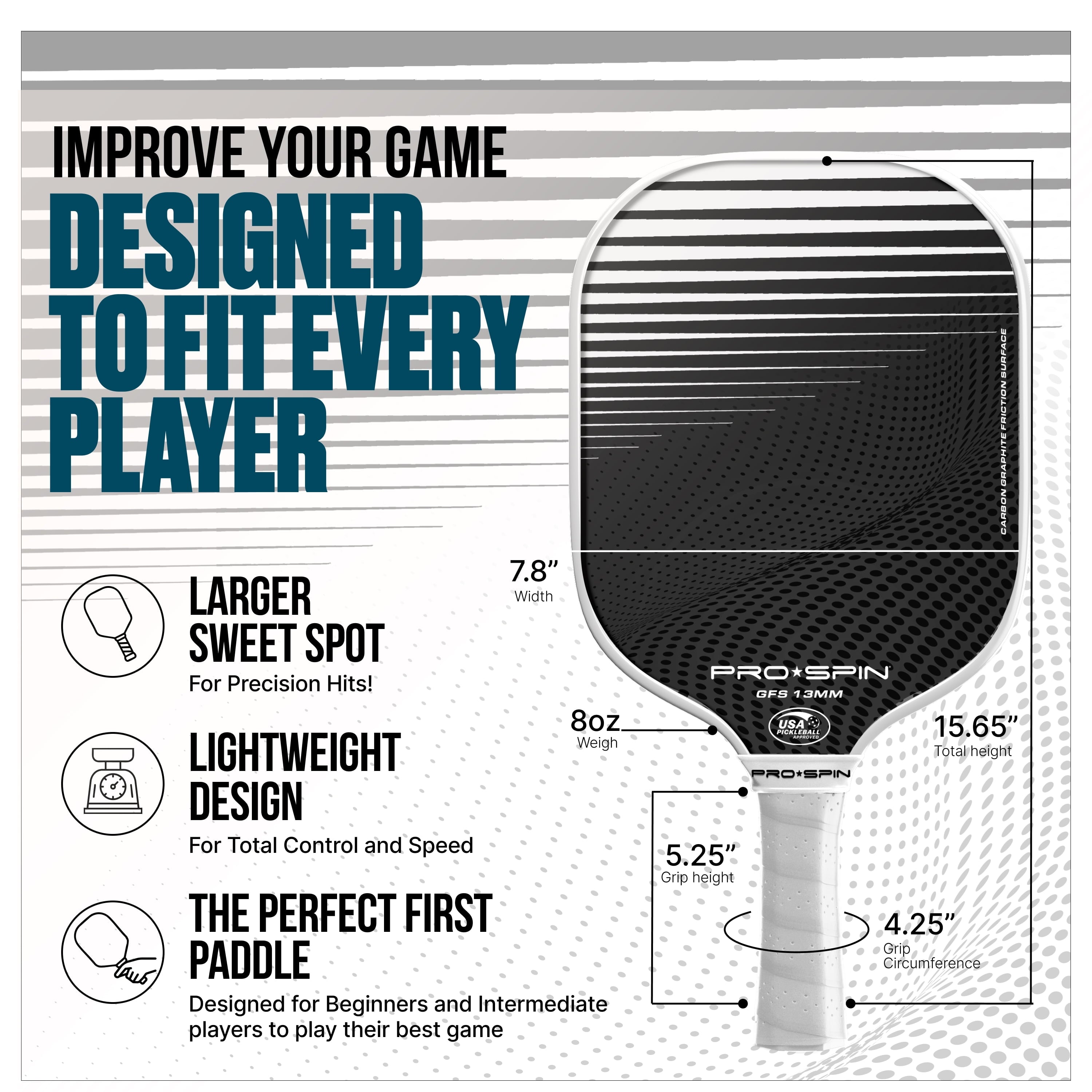 PRO SPIN Pickleball Paddles - Set of 2 USAPA-Approved Graphite Carbon Pickle Ball Paddles (White/White), 4 High-Performance Pickleball Balls, Durable Bag for Rackets & Balls - Great Gift