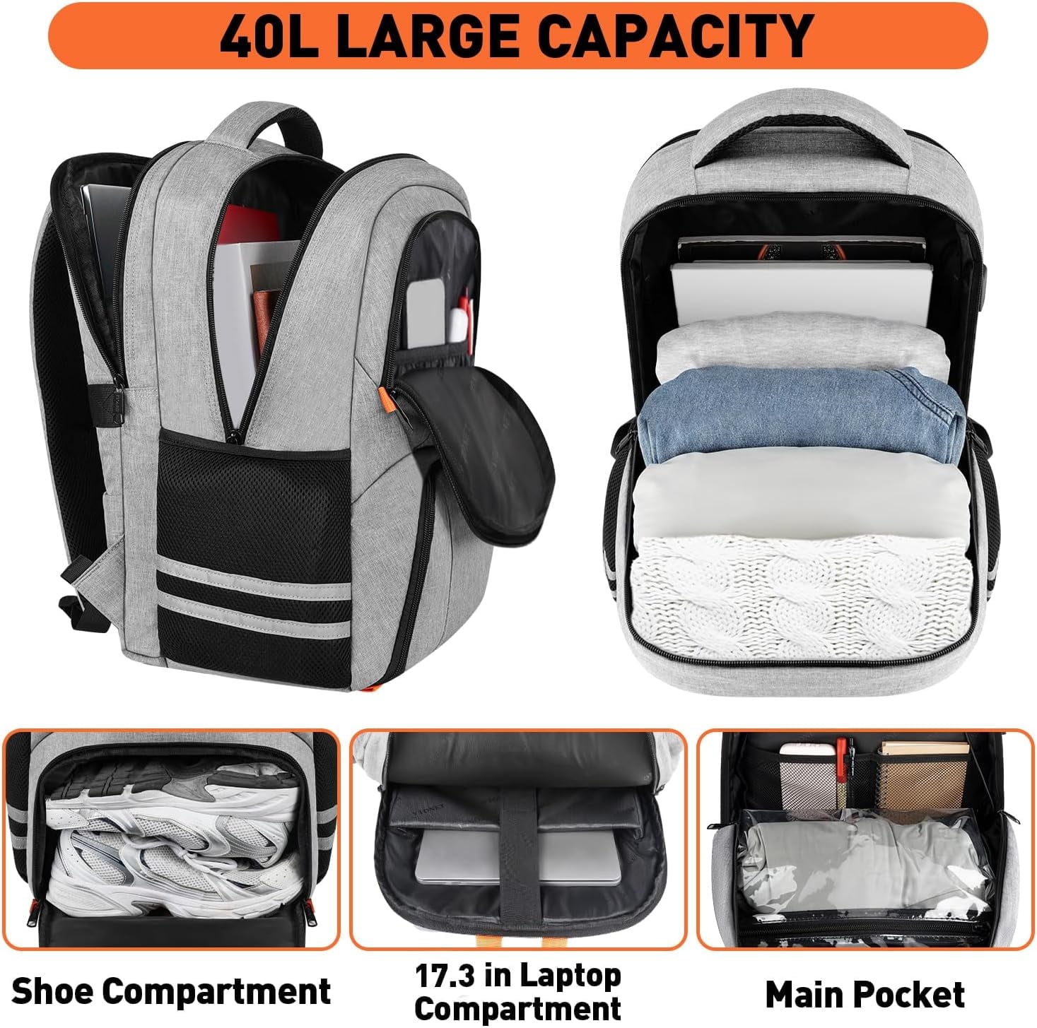 Ytonet Travel Backpack for Men & Women, Water-Resistant Sports Backpack with Shoe Compartment, Fits 15.6-inch Laptop – Ideal for Workouts, Camping, Hiking, Gray