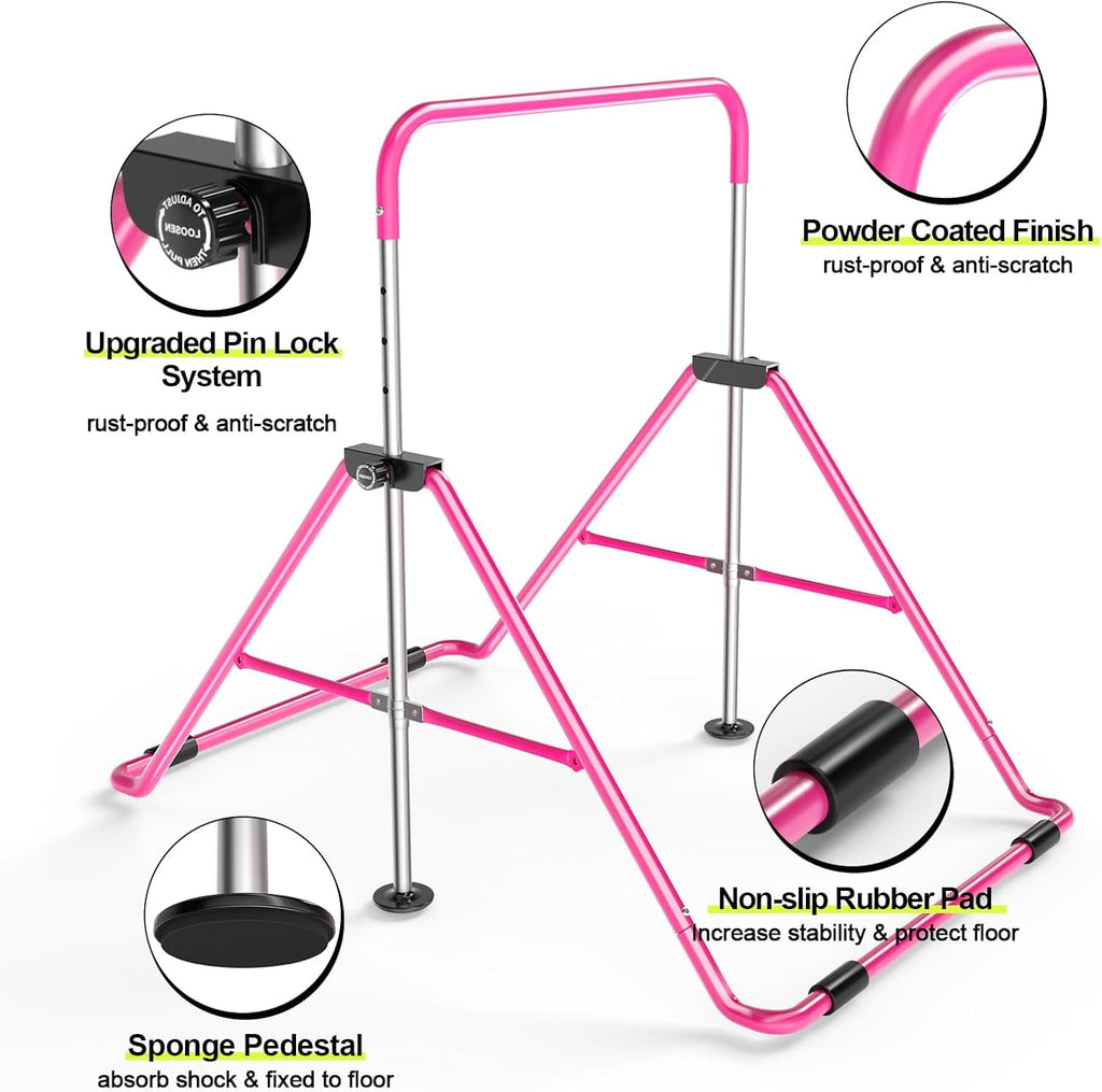Safly Fun Gymnastics Bar with Mat for Kids, Height Adjustable Junior Training Bar Mat for Home, Folding Gymnastic Horizontal Bars Equipment (Pink+Mat)