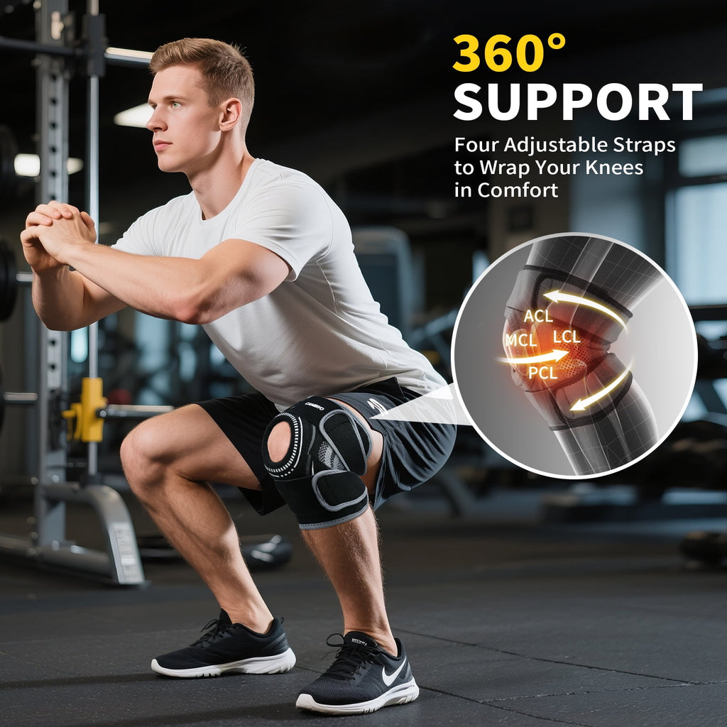 CAMBIVO Knee Brace with Side Stabilizers, Knee Sleeve for Knee Pain Women & Men, Patella Gel Pads Knee Support Wrap Strap for Meniscus Tear, Black M