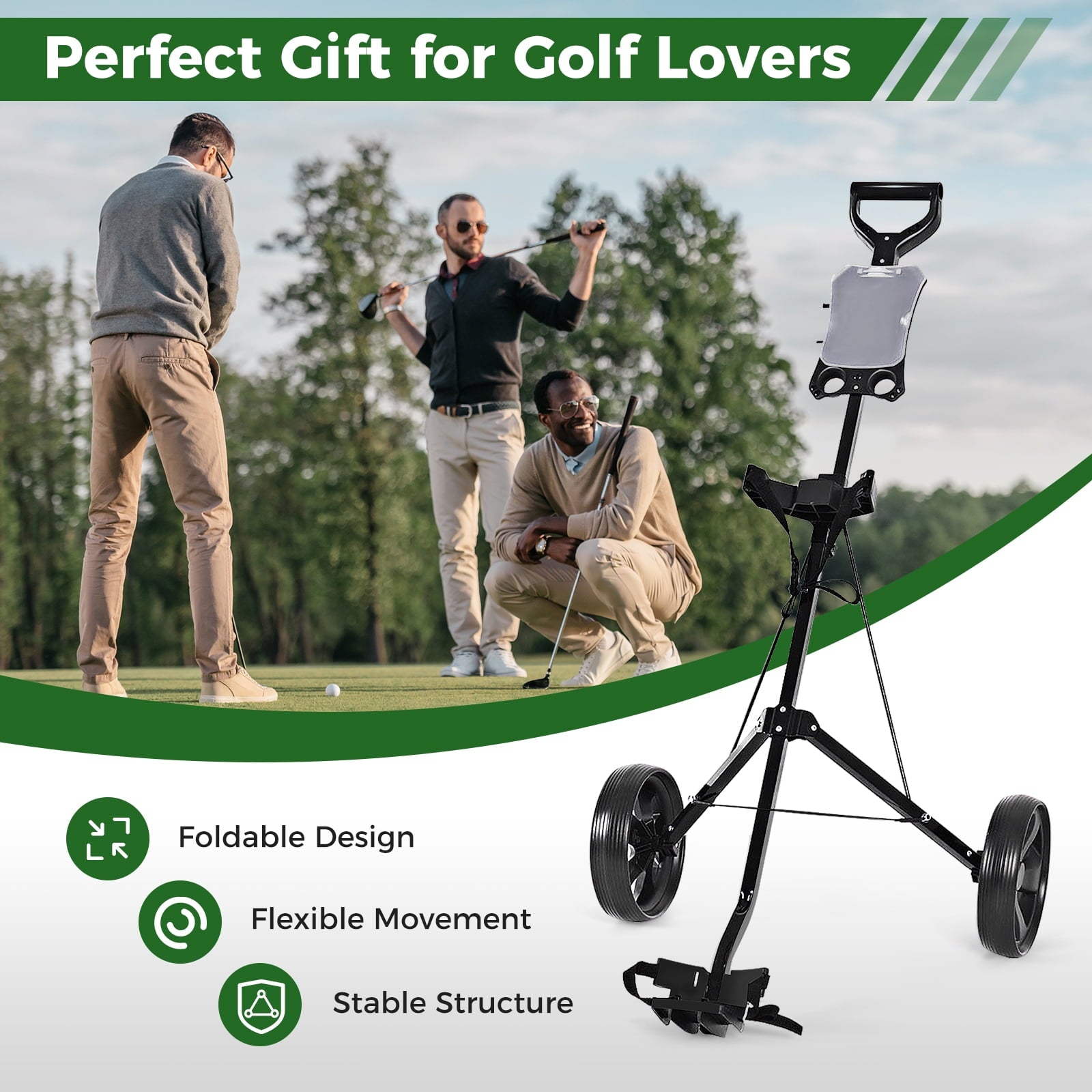 Costway 2 Wheel Golf Push Cart Foldable Portable Lightweight Golf Trolley with Scorecard Holder