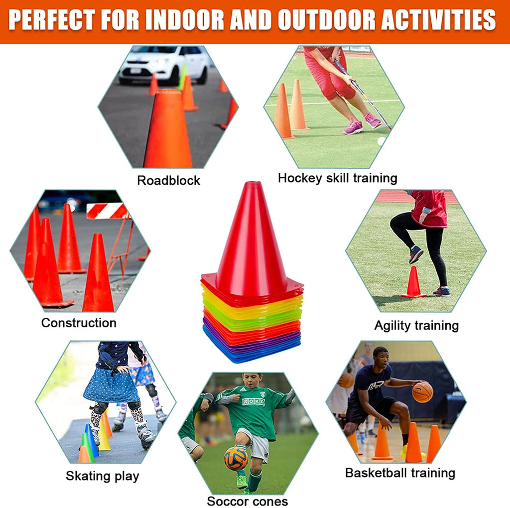 Fabulas Sports Soccer Cones, 7'' Pack of 24, Plastic Safety Training Cone Colorful
