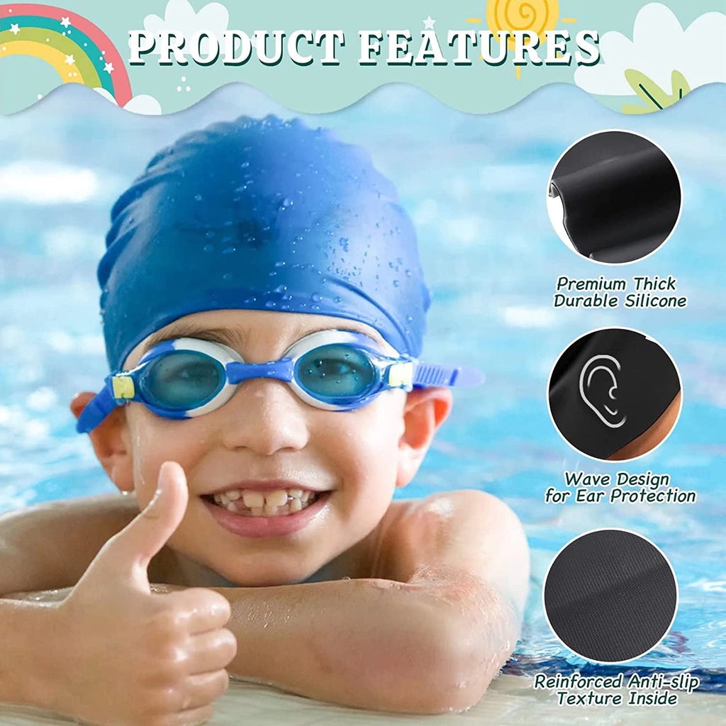 Skywee 2 Pack Kids Swim Caps for Boys Girls Durable Silicone Swimming Cap for Children Waterproof Shower Cap Bathing Hats with Ear Plugs & Nose Clip