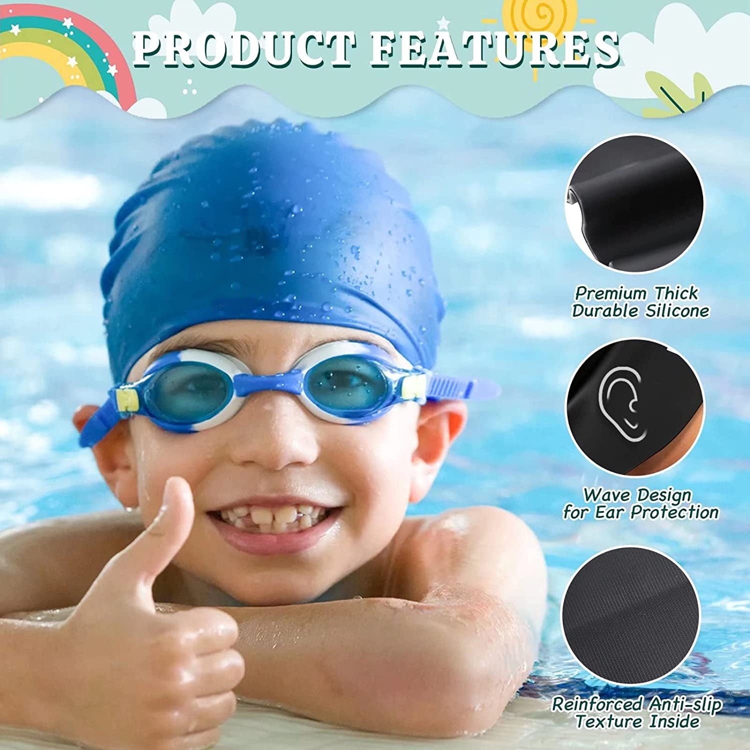 Skywee 2 Pack Kids Swim Caps for Boys Girls Durable Silicone Swimming Cap for Children Waterproof Shower Cap Bathing Hats with Ear Plugs & Nose Clip