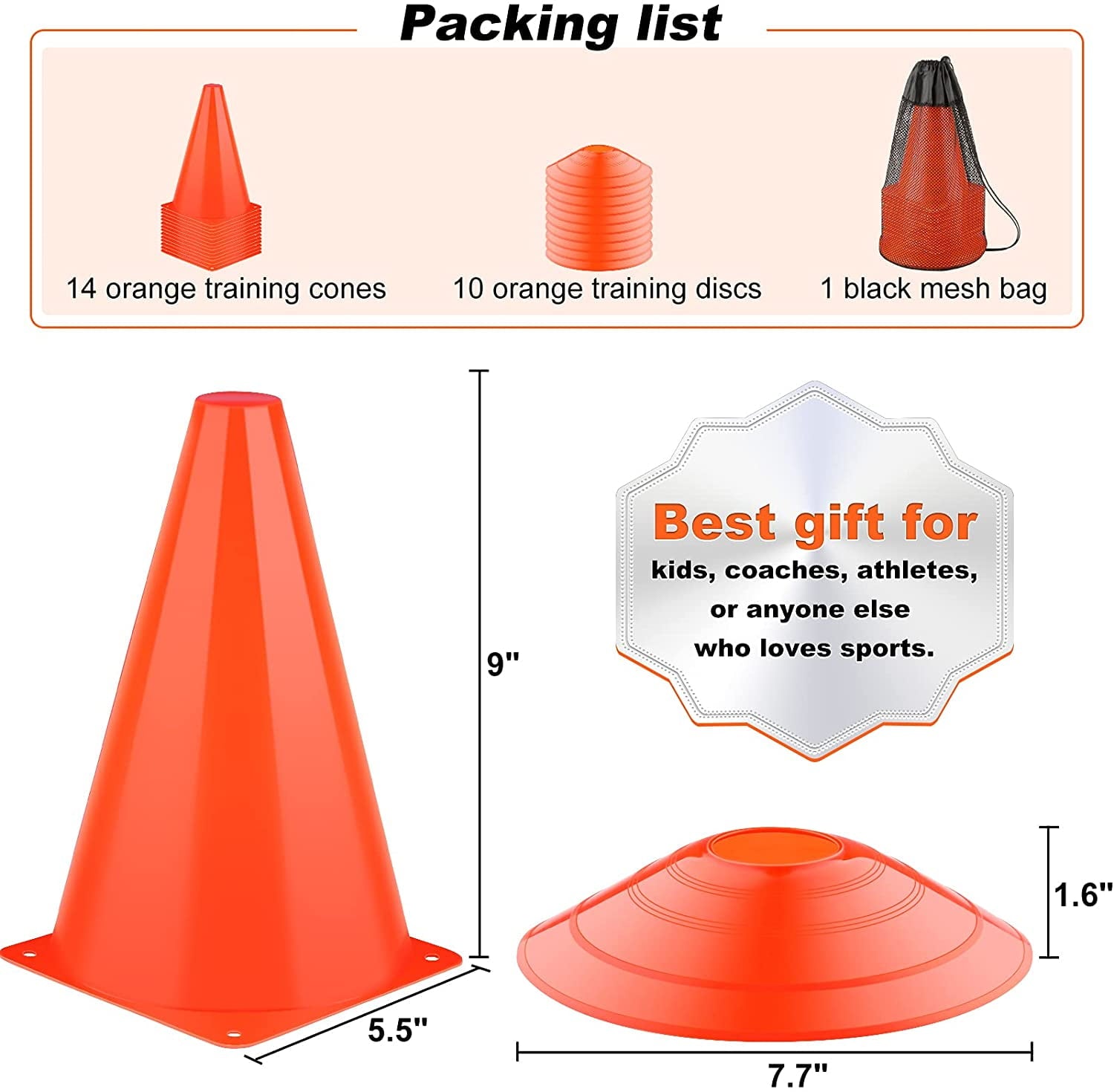 LANNEY 9'' Cones Sports, 24 Pack Soccer Football Basketball Plastic Orange Cone