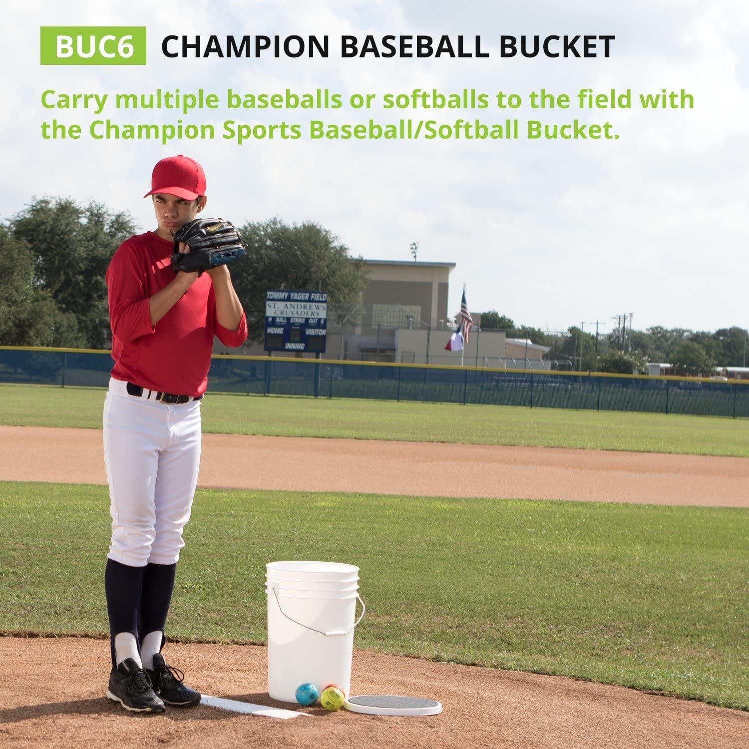 Champion Sports 6 Gallon Bucket with Padded Soft Seat Lid - Durable Construction - Balls Not Included - Ideal for Baseball, Softball, T-Ball, Wiffle Ball, and Lacrosse