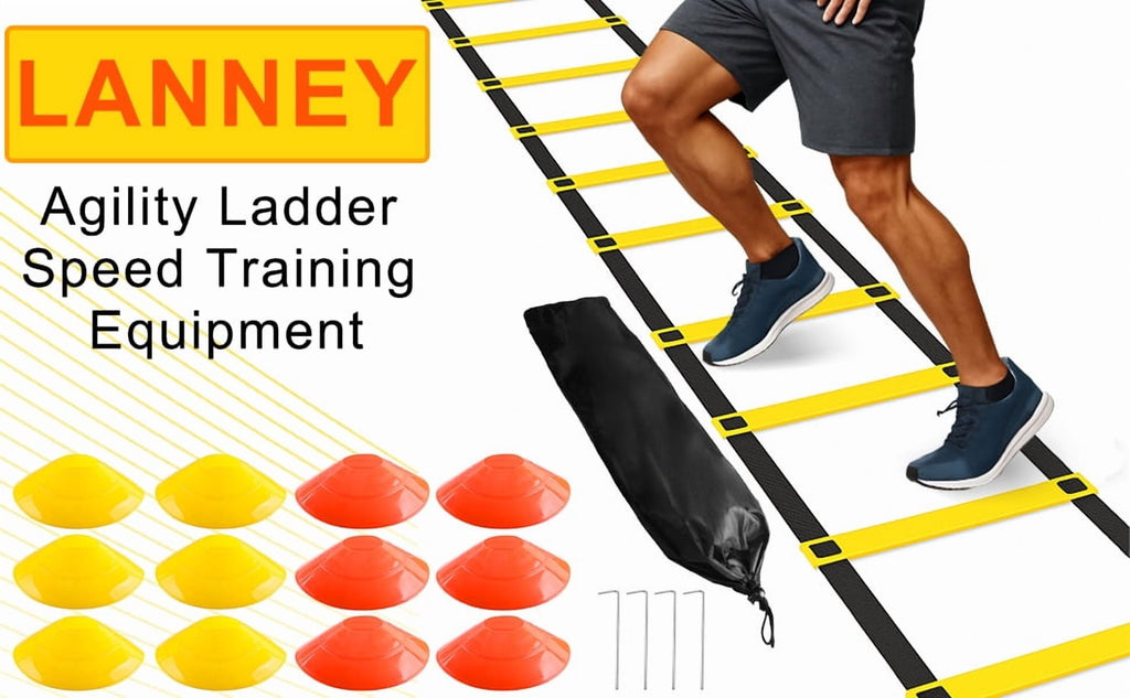 LANNEY Agility Ladder Speed Training Equipment, 12 Rungs 20ft Adjustable Speed Ladder for soccer, 12 Soccer Cones, 4 Stakes, Football Basketball Training Equipment with Carry Bag for Youth Adults