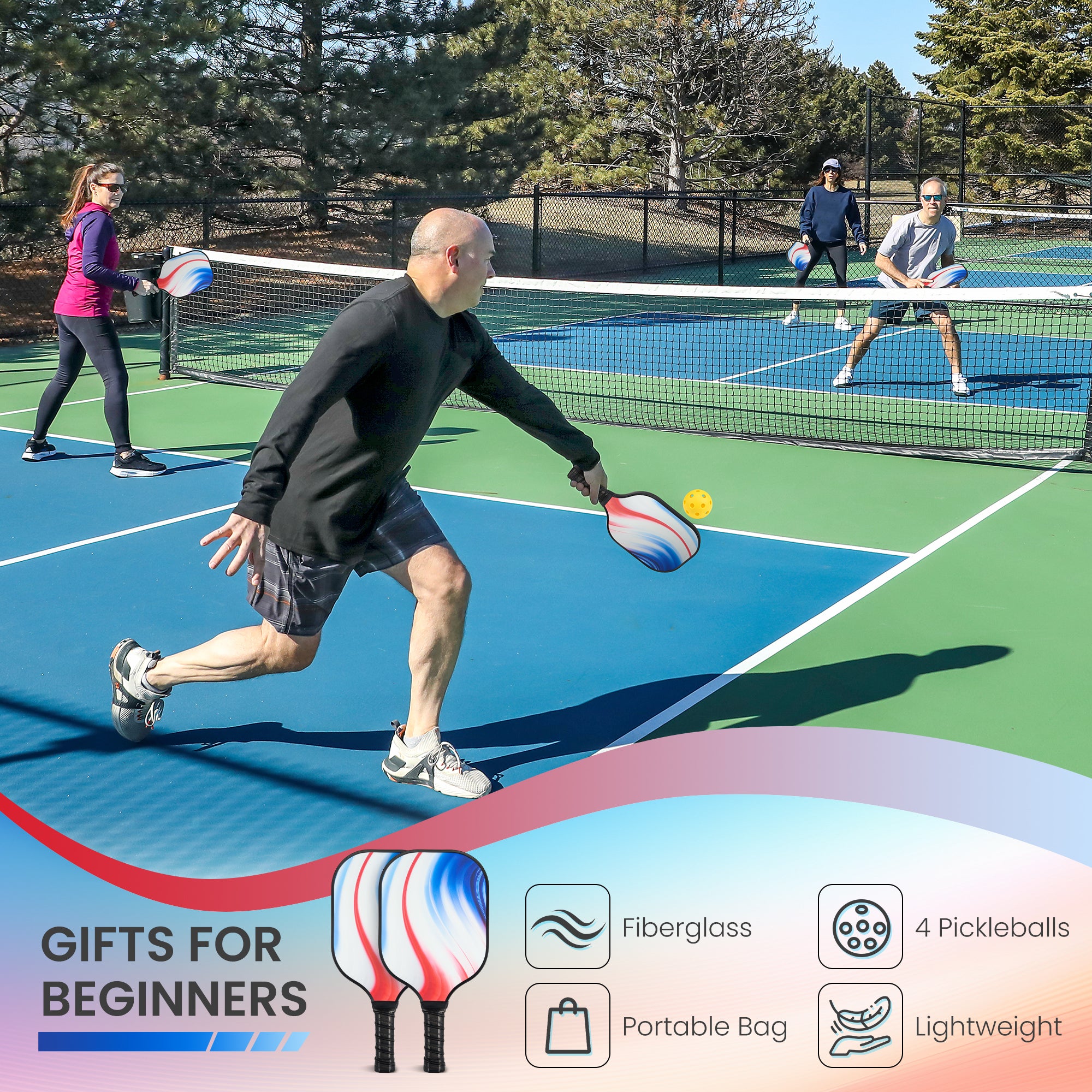 Naipo Pickleball Paddles Set with 2 Portable Pickle Ball Rackets Fiberglass Surface 4 Pickle Balls Lightweight for Family Outdoor Indoor